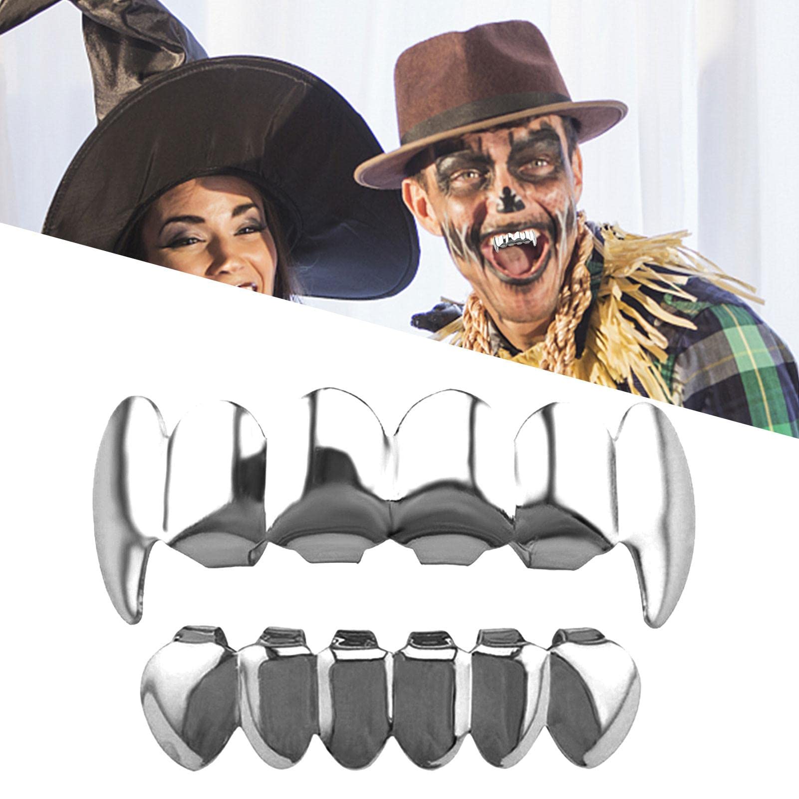 A/A Hip Hop Teeth Grills, falso punk hip hop dientes boca superior inferior diamante strass dientes grillz Halloween festival de música fiesta hip hop rapero accesorios decoración ornamento oro/plata