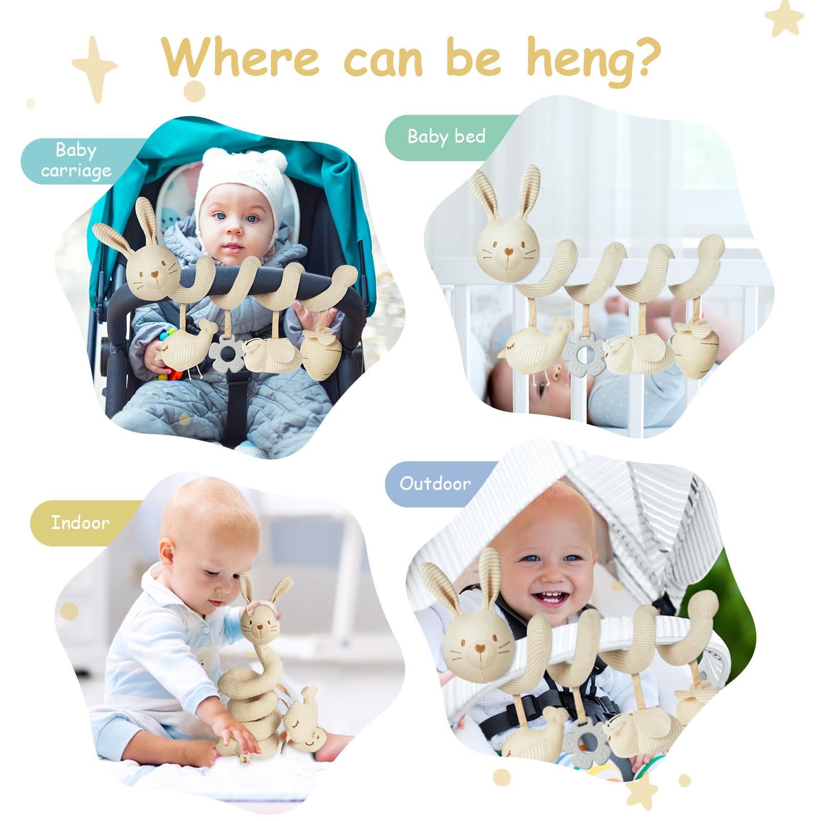 Vicloon Colgantes para Cochecitos Juguetes para Bebé de 0 a 24 Meses, Juguetes de Peluche en Espiral para Bebé con Mordedor y Sonajero, para Cochecitos/Cunas/Asientos de Automóviles (Conejo) — view 6