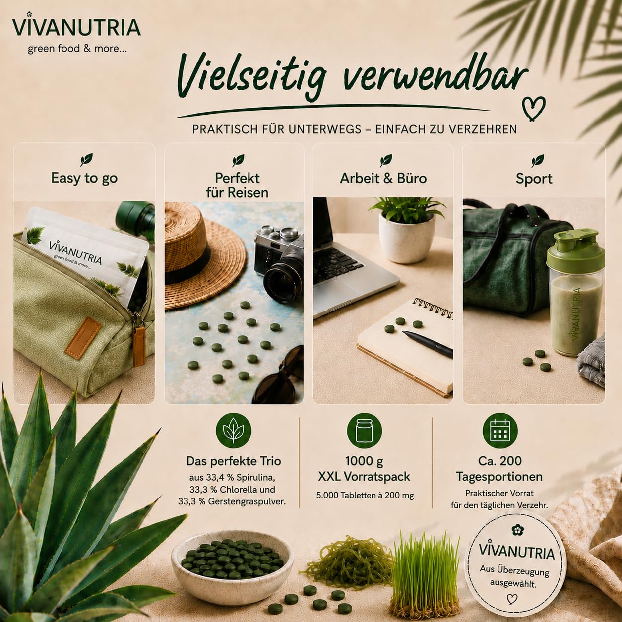 VivaNutria Green Trio Presslinge 1000g | aus kontrolliertem Anbau I 5000 Tabletten aus Spirulina Chlorella & Gerstengras ohne Zusätze I schonend verarbeitet und Rohkostqualität I vegan