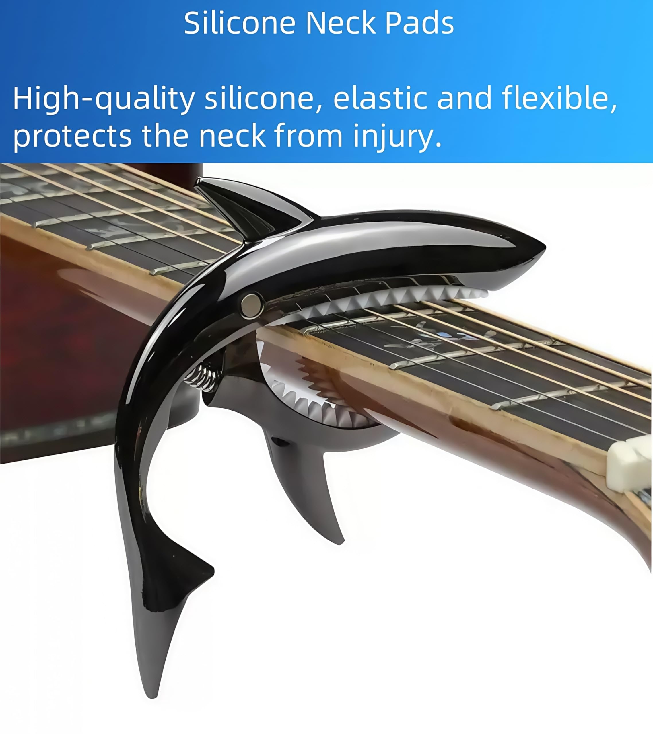 Cejilla de guitarra con forma de tiburón Cejilla acústica, Cejilla de guitarra eléctrica, accesorios de guitarra de aleación de zinc premium, ukelele mandolina, banjo bajo (negro con 6 púas)