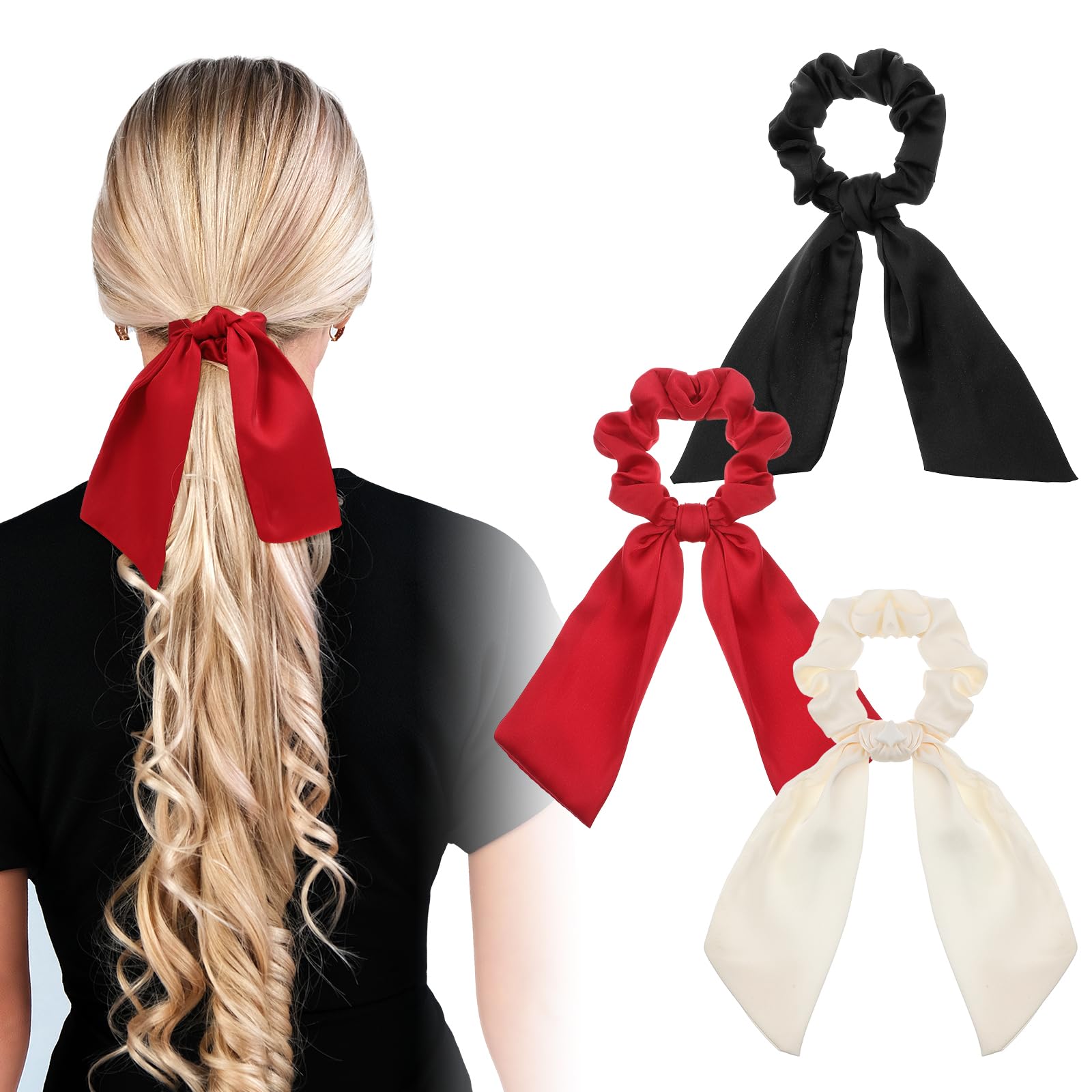 Mabor 3 Pcs Knotted Bow Satin Hair Scrunchie Hair Scarf with Tail Scrunchies Elastic Scarf Ponytail Holder for Women(Beige, Black & Wine Red)