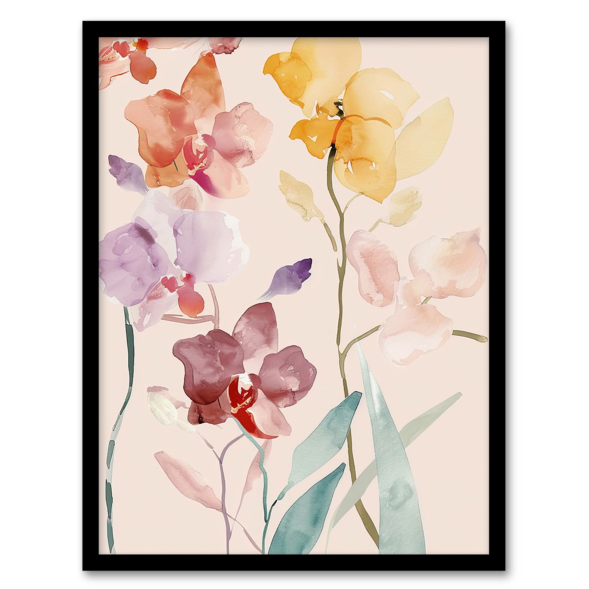 Artery8 Multi Colourful Abstract Orchid Flowers Watercolour Framed Art Print A4