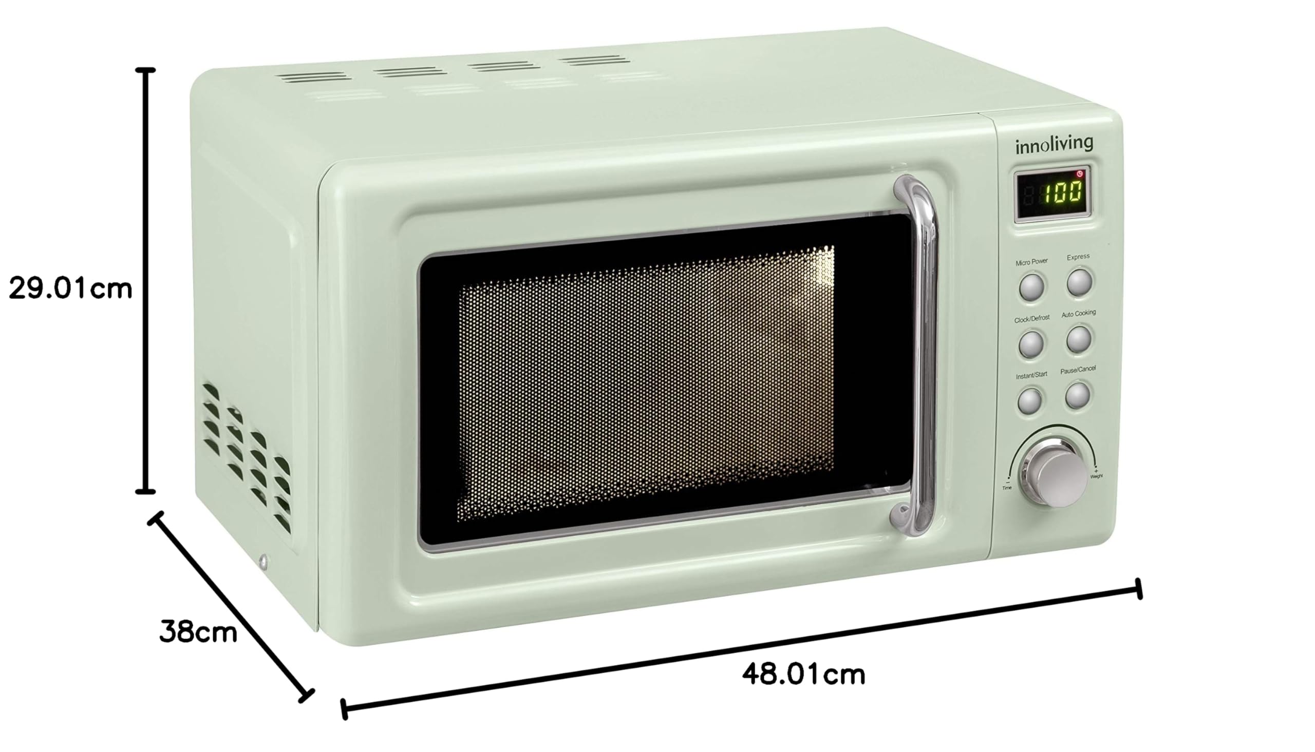 Innoliving Four à micro-ondes 20L INN-861, puissance 700 W, 6 niveaux de puissance, fonction décongélation rapide, minuterie 30 minutes, design compact et élégant, facile à utiliser (vert)