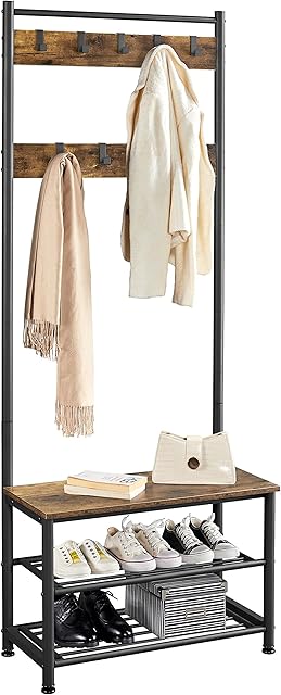 Yaheetech Coat Rack Stand 185cm Height with Shoe Rack Bench, 9 Hooks, Anti-tip Kits & Rust-Proof Metal Frame, Industrial Hallway Tall Shoe Rack Clothes Storage for Bedroom Living Room, Rustic Brown