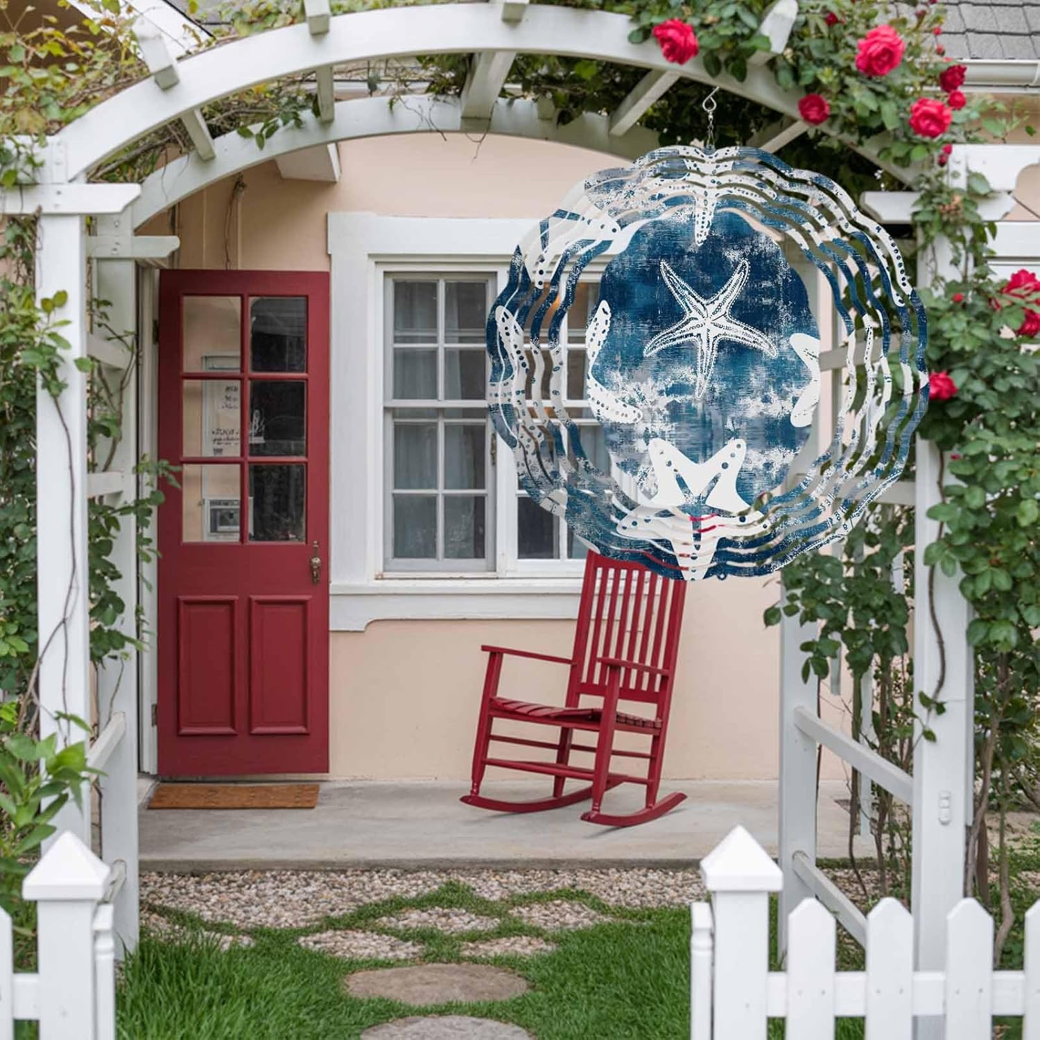Summer Sea Starfish Wind Spinner for Garden Yard 3D Stainless Steel Hanging Wind Spinners, Retro Navyblue Background Spinners Outdoor Metal Decor for Lawn Patio Home