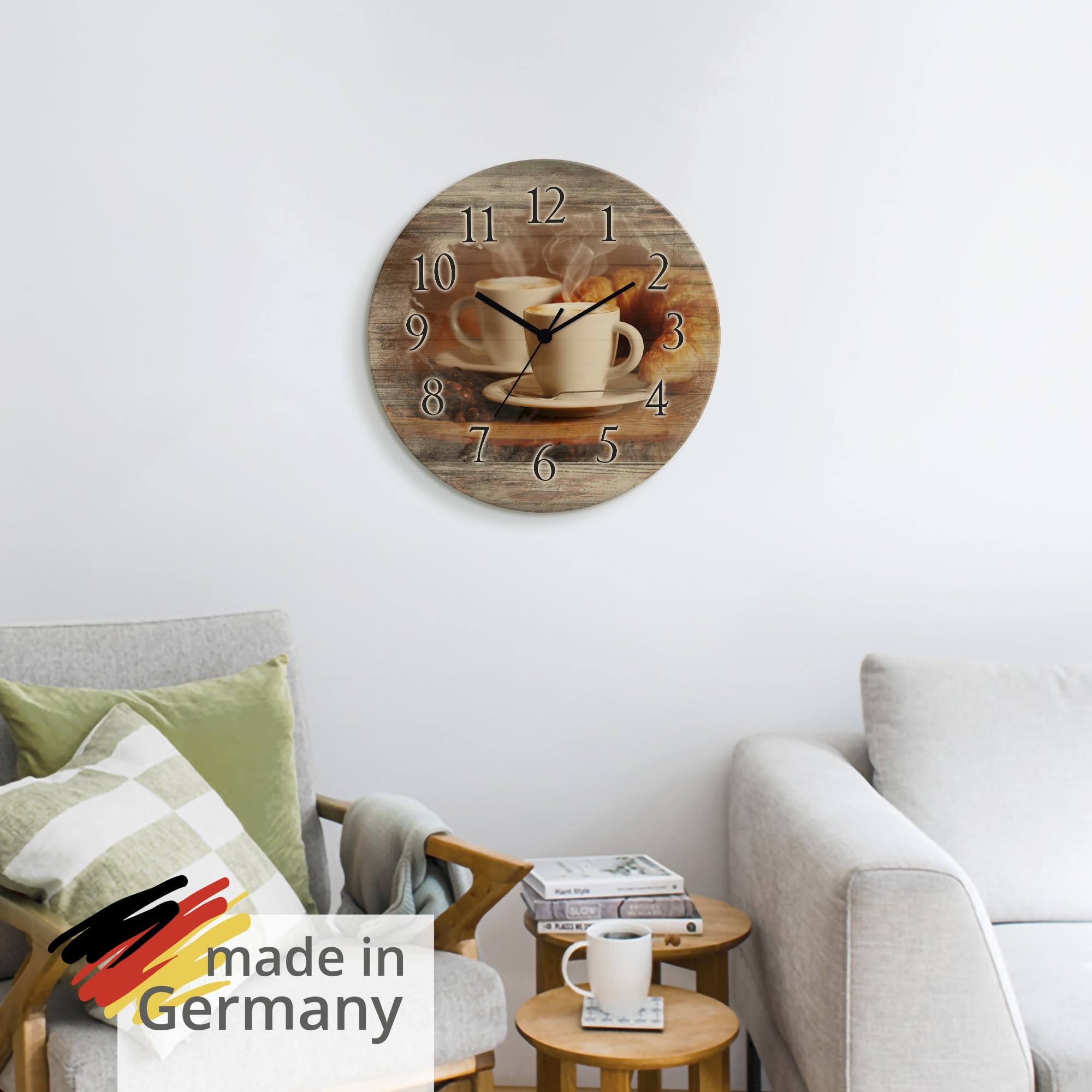 ARTLAND Wanddeko Wanduhr Holz Funkuhr ohne Tickgeräusche lautlos rund Ø 30 cm Küchenuhr Kaffee Cappuccino Croissant T5XO