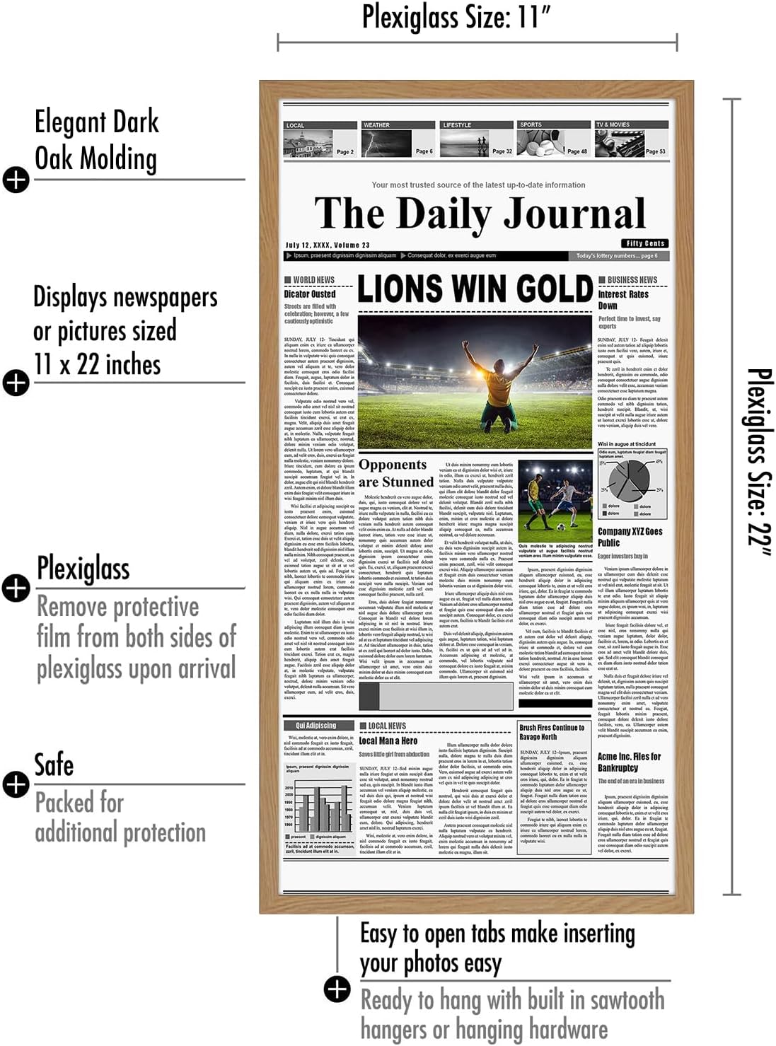 americanflat 11x22 newspaper frame with polished plexiglass - display for assorted media articles - signature collection - modern picture frame for wall display - dark oak