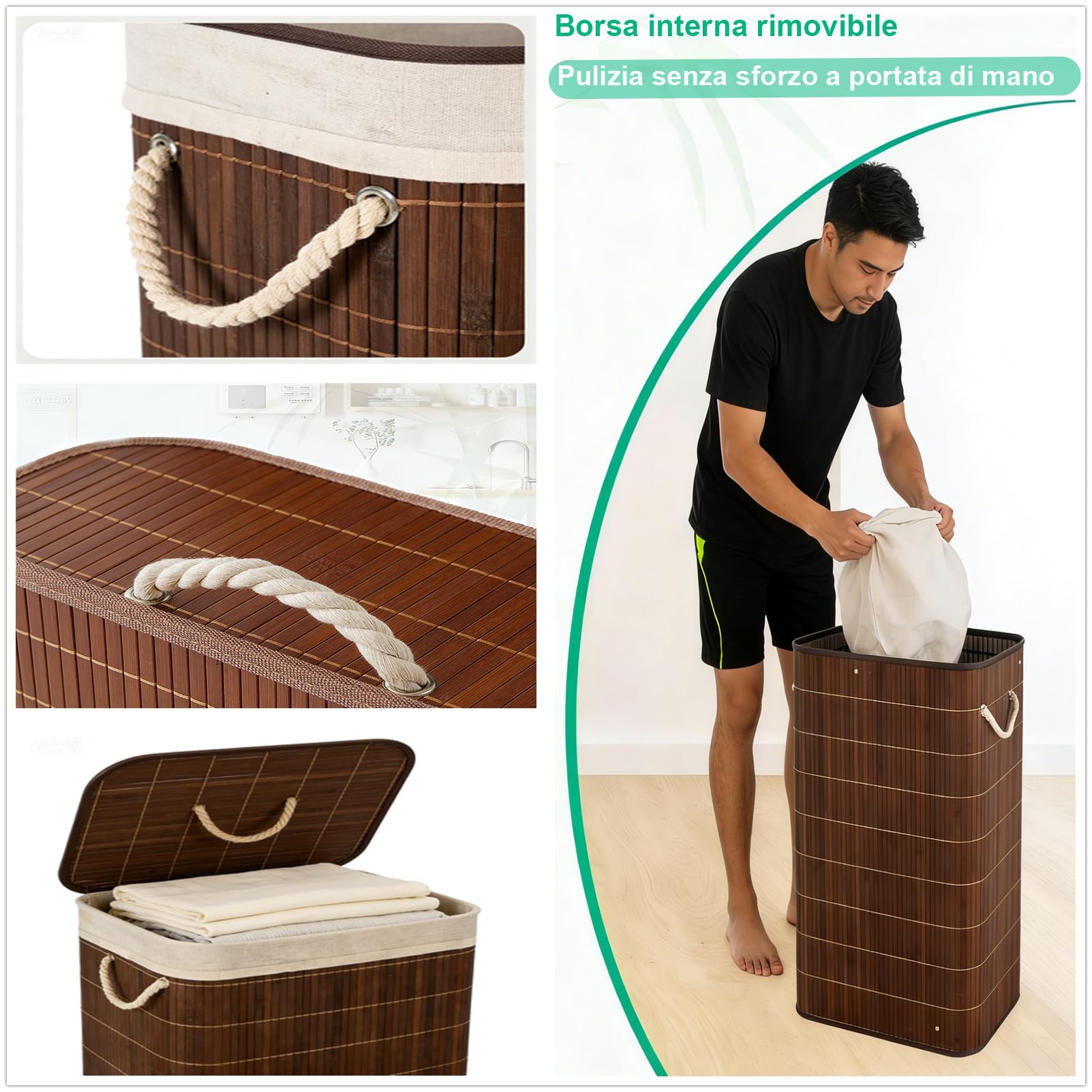 Cesto portabiancheria in bambù con coperchio, pieghevole, 58 l/72 l, in bambù naturale intrecciato, con borsa rimovibile, buon flusso d'aria (naturale, quadrato, 60 x 40 x 30 cm)