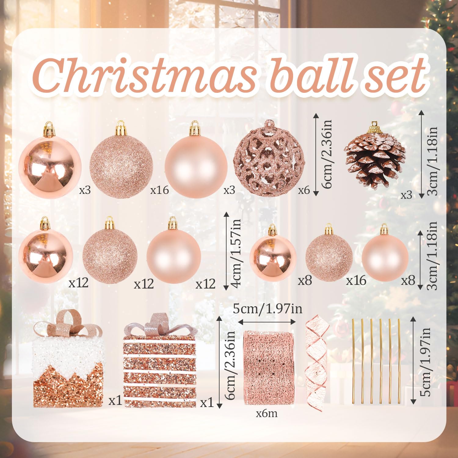 Weihnachtskugeln 101stück Kunstoff Christbaumkugeln Set, Christbaumkugeln Roségold Matt, Glänzend, Glitzernd mit Tannenzapfen Weihnachtsbänder für Weihnachtsbaum Deko Party, Haus Dekoration