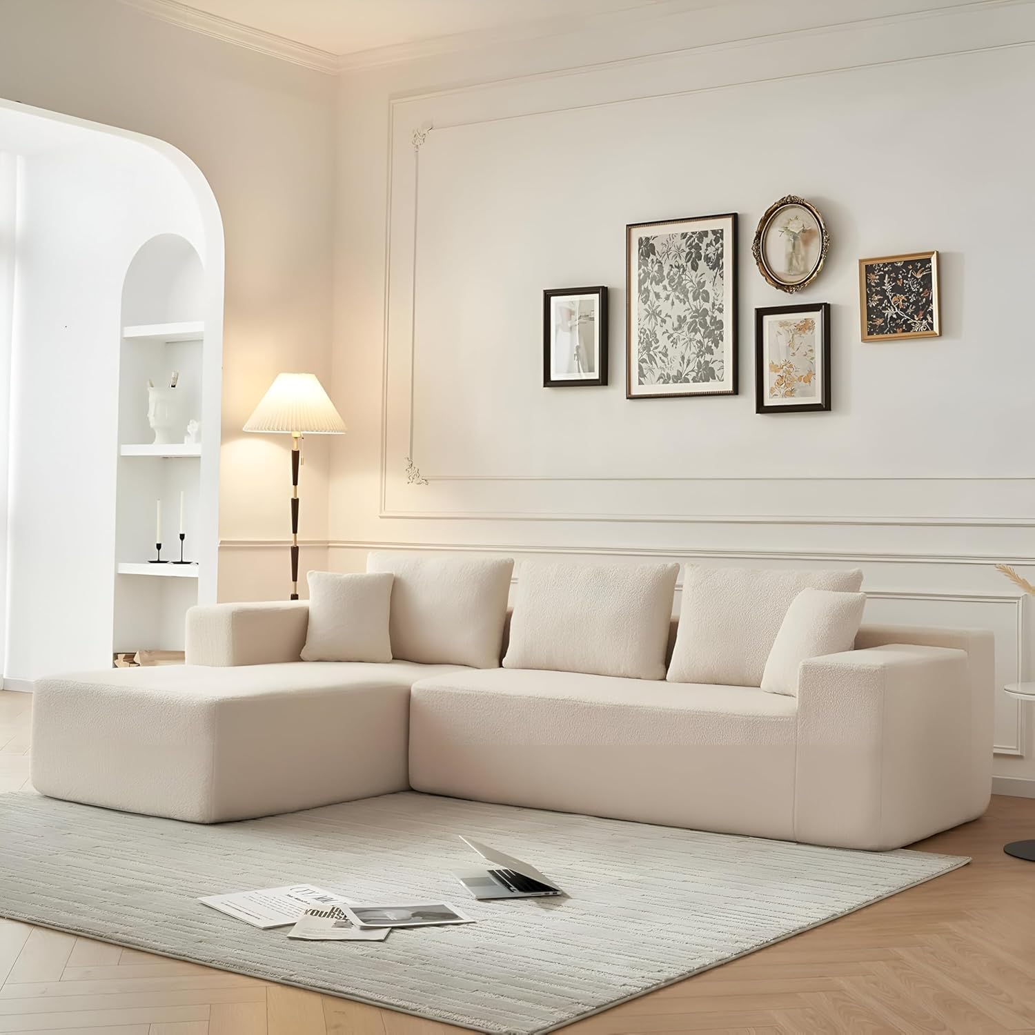 WOOD MAGIC ART Modern Boucle Sectional Sofa, Right Aligned L-Shaped Couch with Chaise, Contemporary Living Room Sofa (Beige, 104X68)-image-49