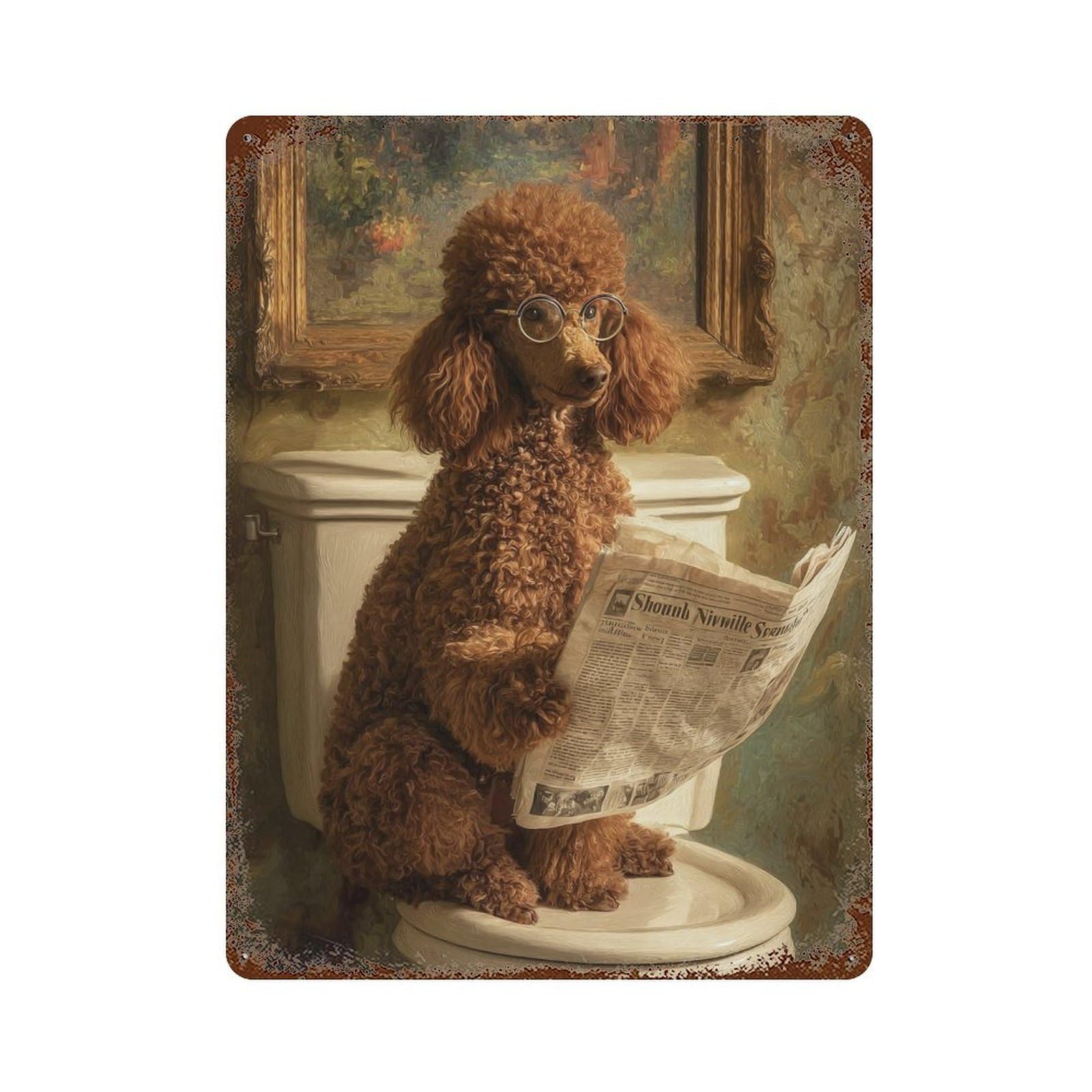 Curly Poodle Reading Newspaper on Toilet Aged Metal Wall Plaque 15.7"x11.8", Rustic Home Decor for Garage, Pub Or Kitchen