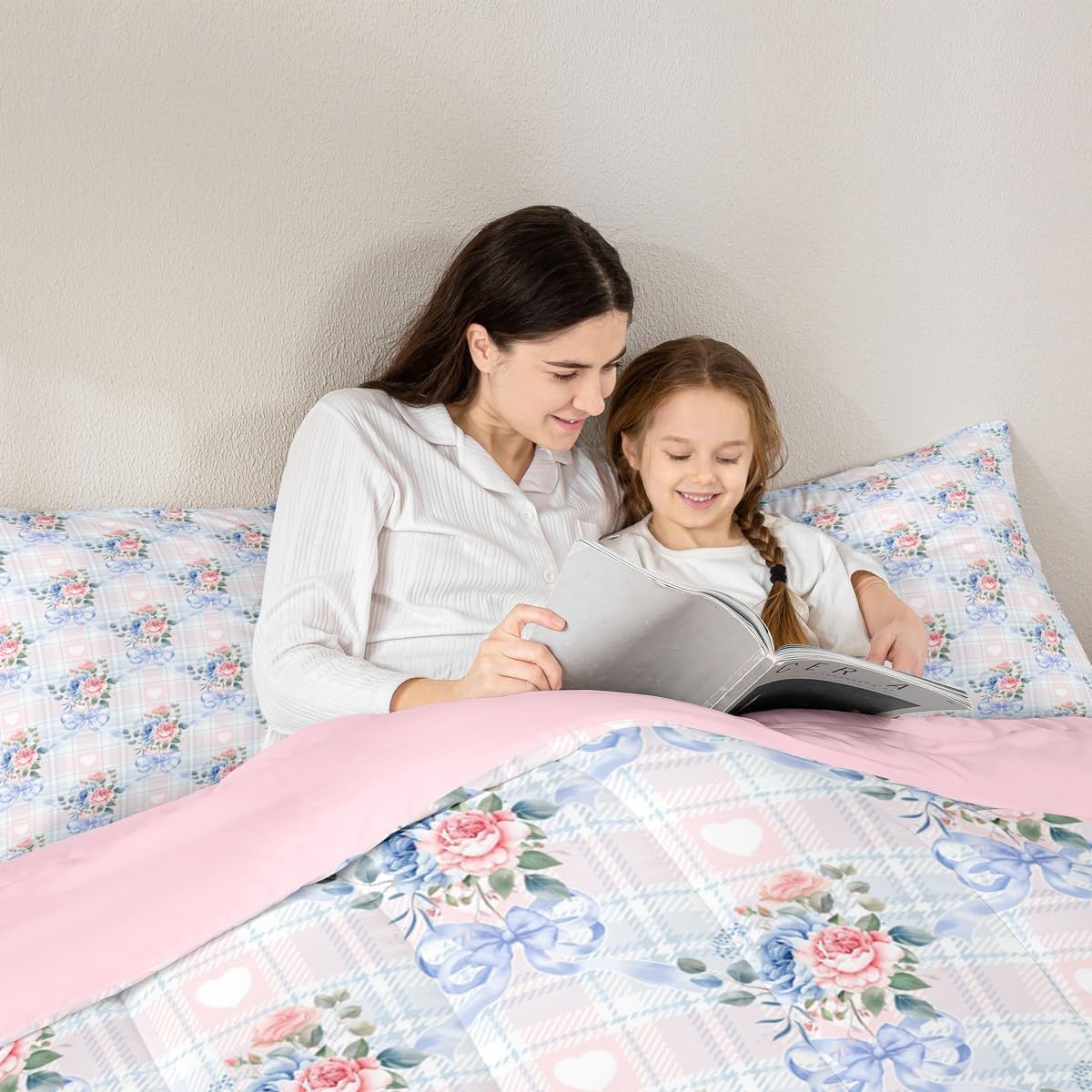 Feelyou Pink and Blue Floral Bow Bedding Set Soft for Boys Girls, Cute Bowknot Comforter Set Twin Size Rose Flower Duvet Quilt Microfiber Bedroom Decor 2 Pcs with 1 Pillow Cases