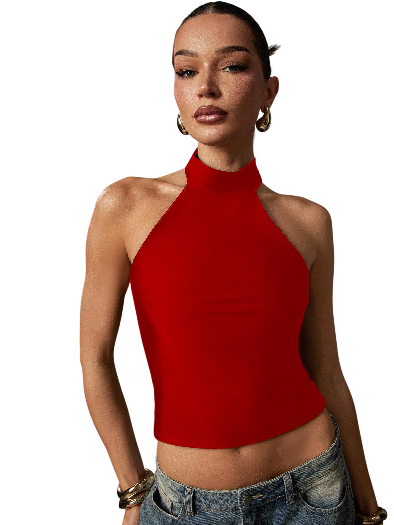 kateclo Women’s Halter Neck Sleeveless Crop Top – Backless High Neck Fitted Tank Top, Slim Fit Stretchy Casual Clubwear Blouse-picture-24