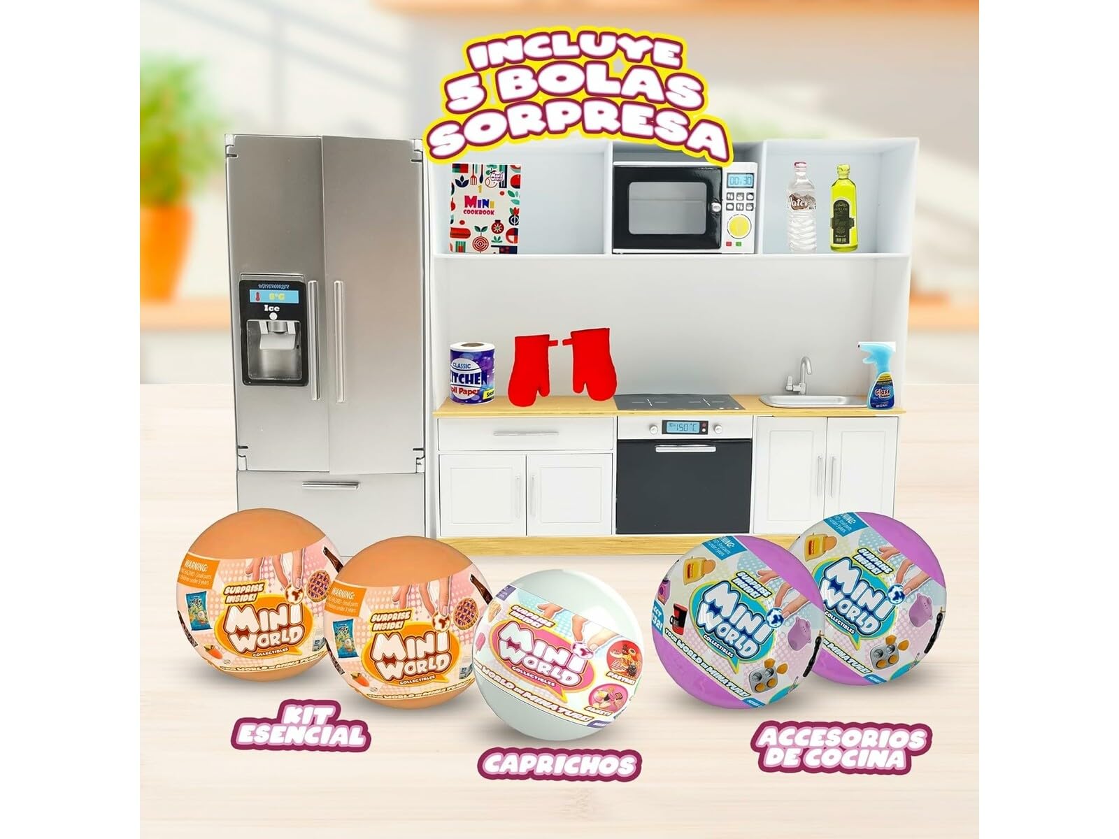 Bizak Mini World Playset Kuchnia z 5 piłkami, Miniaturowy zestaw kuchenny ze szczegółowymi urządzeniami i akcesoriami, Chłopcy i dziewczęta +6 lat (64502007)
