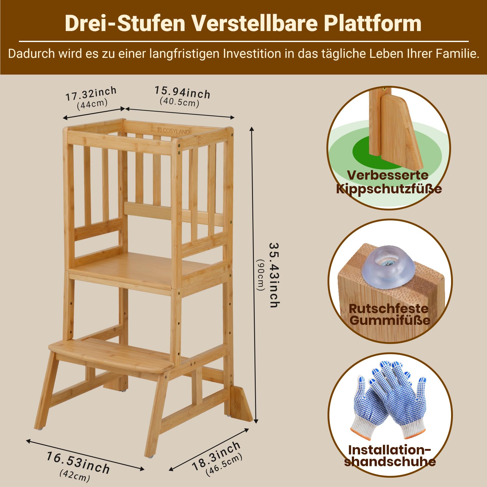 COSYLAND Höhenverstellbarer Lernturm ab 18 Monaten - Kinder Learning Tower-Lernturm für Küche und Kinderzimmer mit Kippschutz, rutschfesten Matten, 2 Stufen und Sicherheitsbügel, Bambus, Holzfarbe