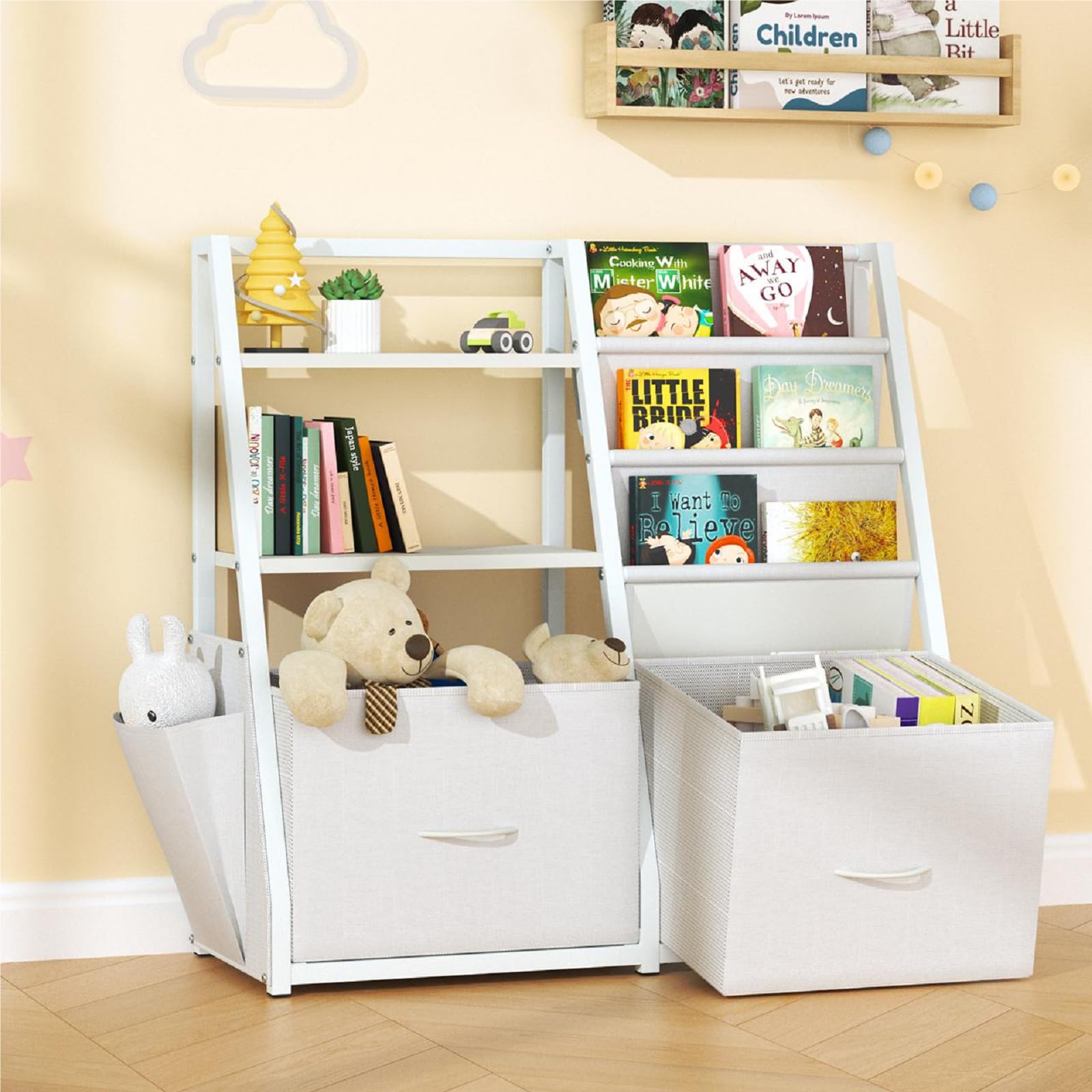 Yaciente 3 Tier Kids Bookshelf and Toy Storage Organizer, 2-in-1 Toddler Bookshelf with Sling Design and Toy Bins for Easy Access, Montessori Baby Bookcase for Nursery, Playroom and Kids' Room, White