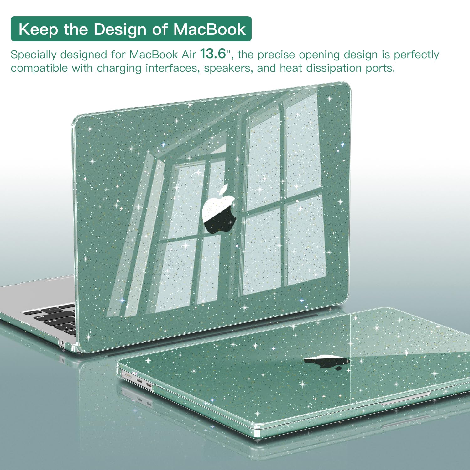 CISSOOK Funda para MacBook Air de 13.6 pulgadas con purpurina 2022 2023 2024 2025 2026 versión A2681 A3113 A3240 A3449, funda rígida con purpurina verde medianoche con cubierta de teclado para MacBook