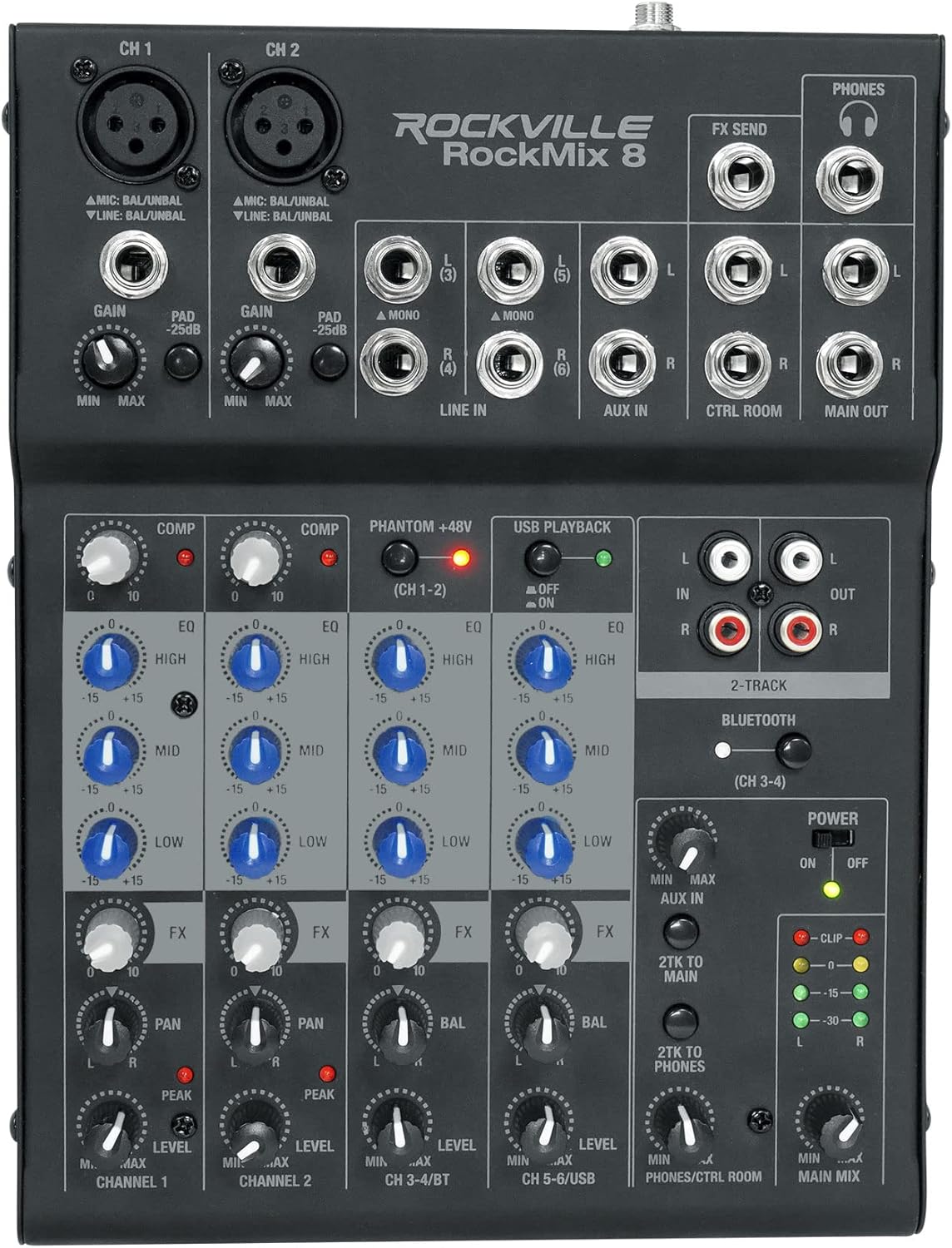 Rockville ROCKMIX 8 Channel Mixer, USB Recording Interface, Compressor, Bluetooth 5.0, 18V Phantom Power, for Podcasting and Live Music Rockville ROCKMIX 8 Channel Mixer, USB Recording Interface, Compressor, Bluetooth 5.0, 18V Phantom Power, for Podcasting and Live Music