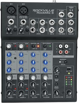 Rockville ROCKMIX 8 Channel Mixer, USB Recording Interface, Compressor, Bluetooth 5.0, 18V Phantom Power, for Podcasting and Live Music