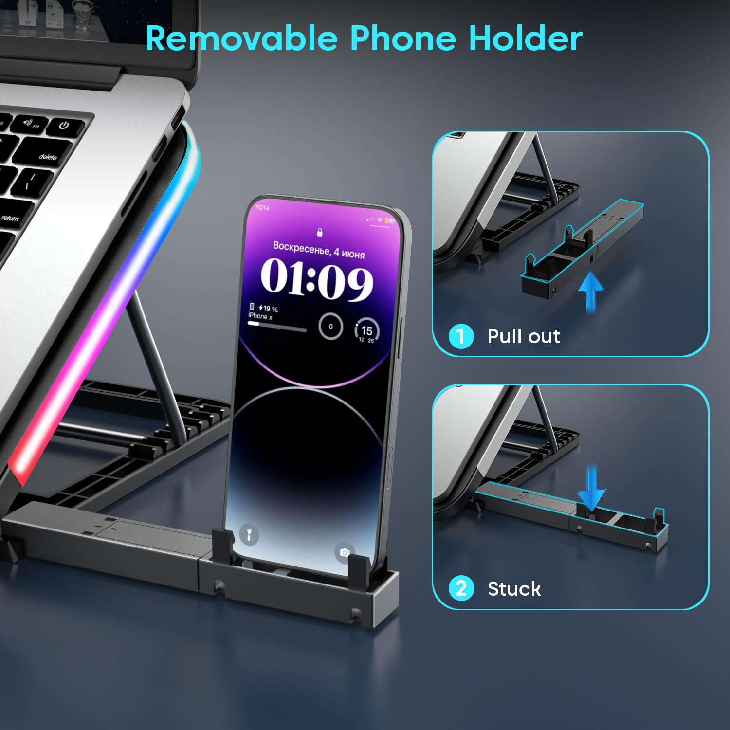 Sounce Laptop Cooling Pad with 6 Hexa Cooling Fans, Adjustable Speed Control, RGB LED Lighting, Built-in USB Ports, Detachable Mobile Holder, Ergonomic 5-Step Retractable Stand Laptops (Black) 14 71La6F+hhXL. SL1500