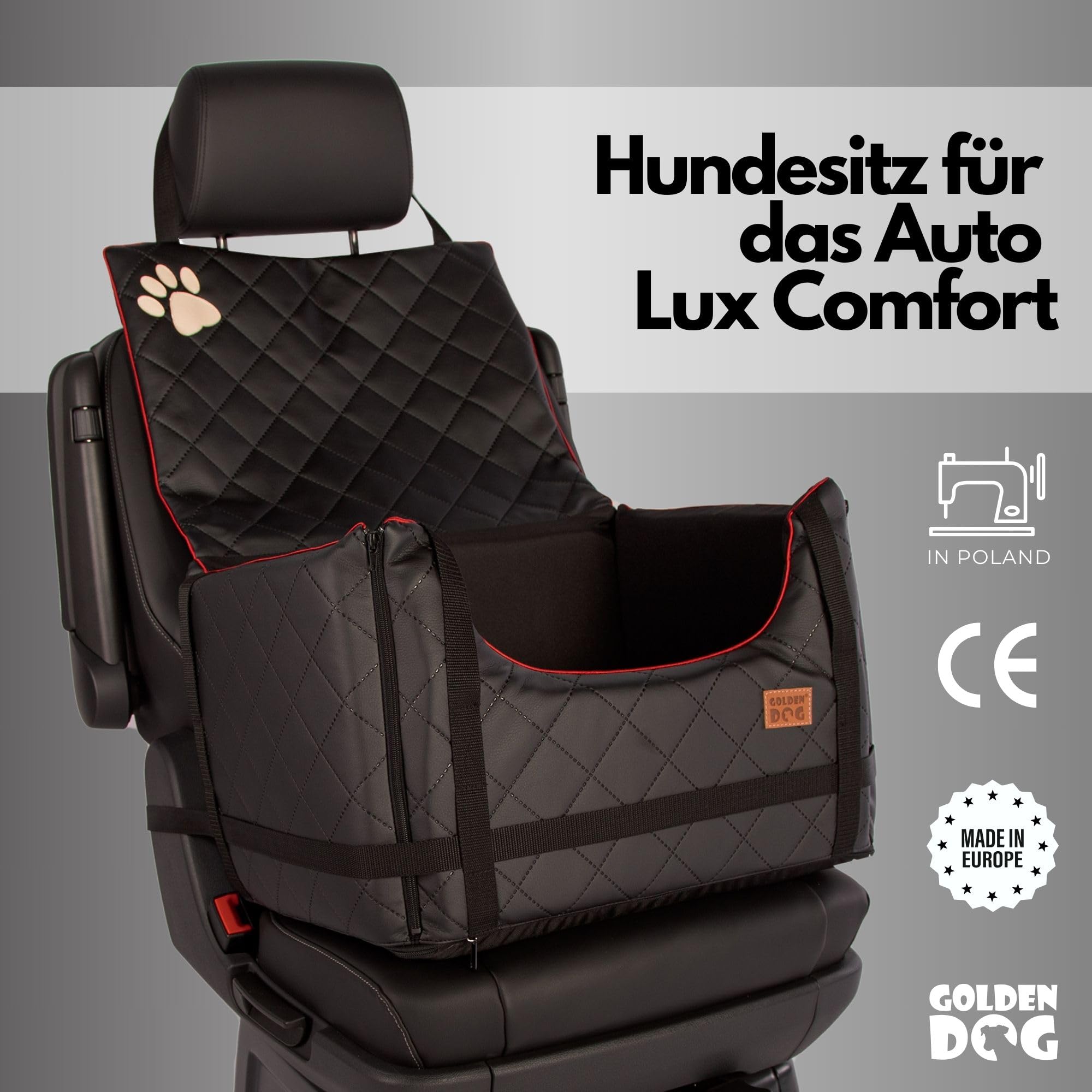 Golden Dog - Transportbox Hund mit Sicherheitsgurt L-65x53x27 cm - Leder Imitation Autositz Hund, Wasserdicht Hundesitz Auto - Beifahrersitz Hundebox Faltbar - Anschnallgurt Hundekorb Auto,Schwarz
