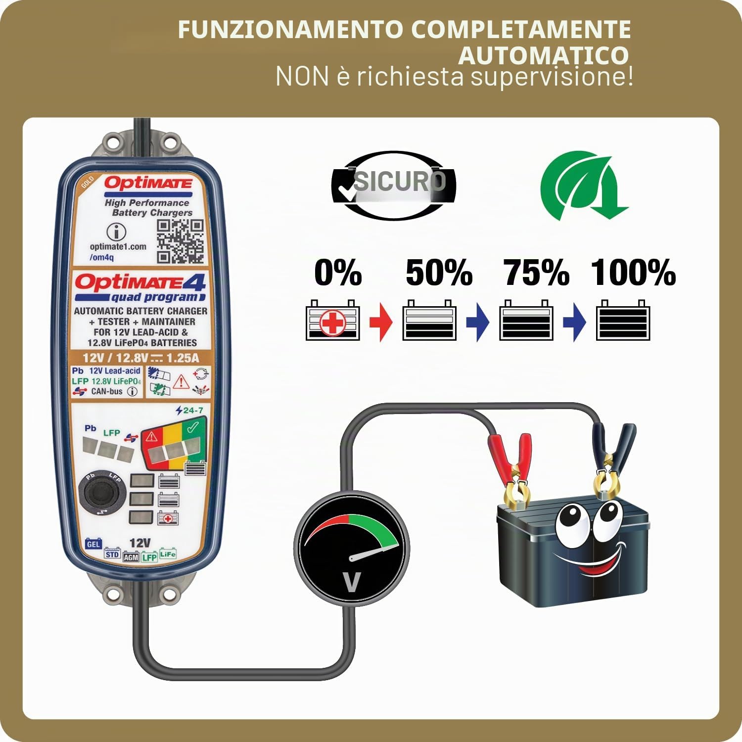 OptiMate 4 Quad Program Premium Caricatore per Batterie al Piombo Acido e al Litio - Include cavo per presa accessori BMW
