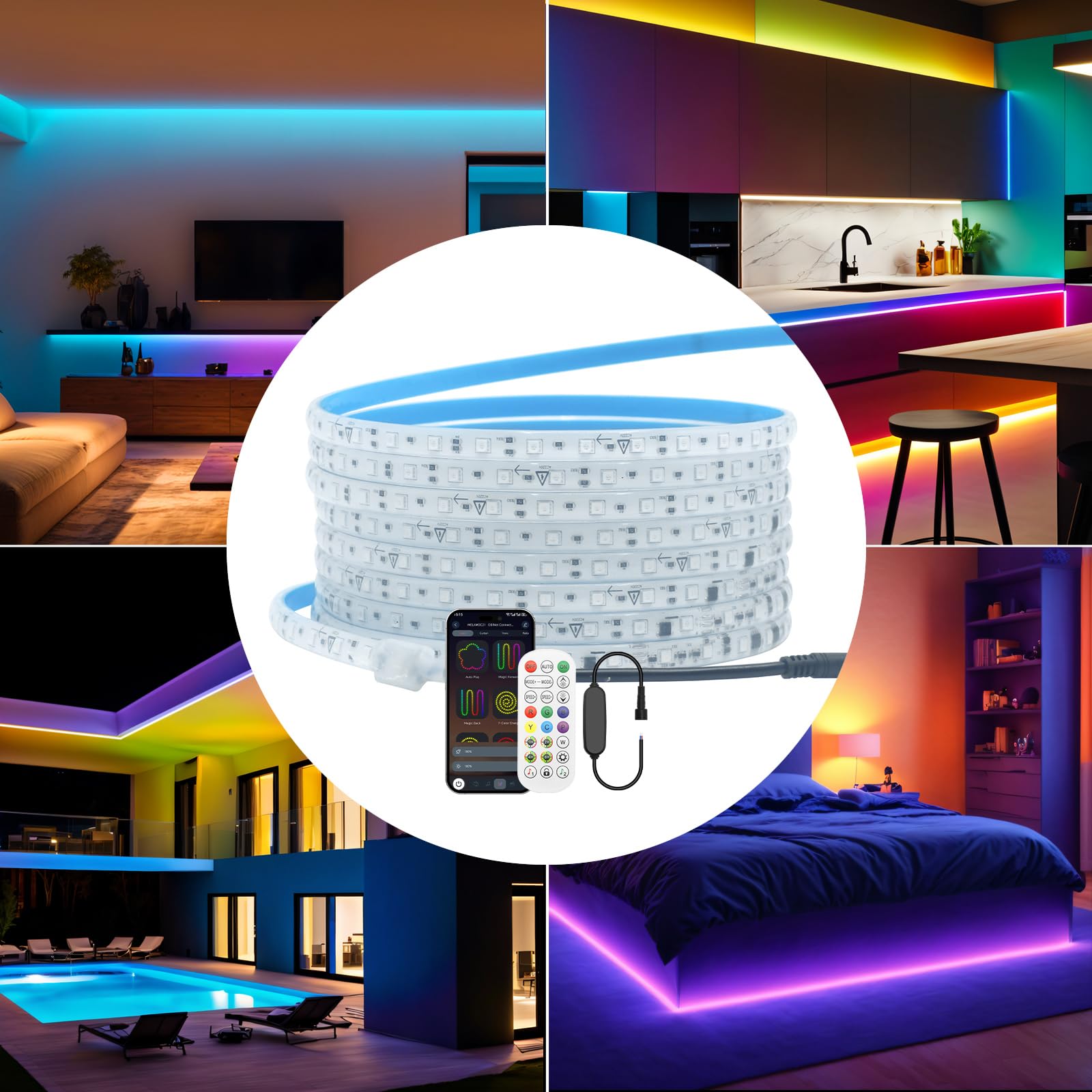 220V Striscia LED RGBIC cangiante con musica Bluetooth [10M], flessibile e impermeabile IP65, SMD3535, 60 LEDs/m striscia LED in silicone CRI85+, decorazione per casa e negozio