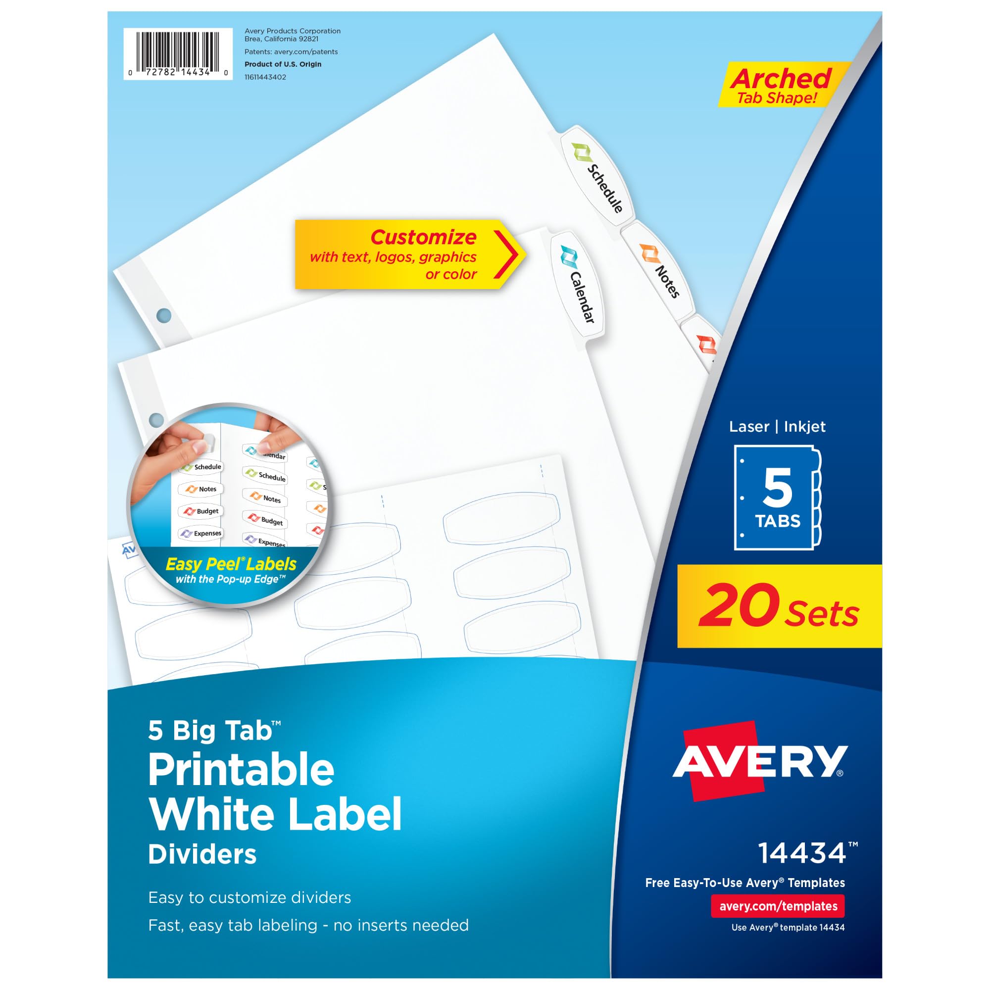 Avery Big Tab Printable White Label Dividers for 3 Ring Binders, 5 Tabs per Set, White, Great for Office Supplies, School Supplies, Organizing, and More (20 Sets of 14434)