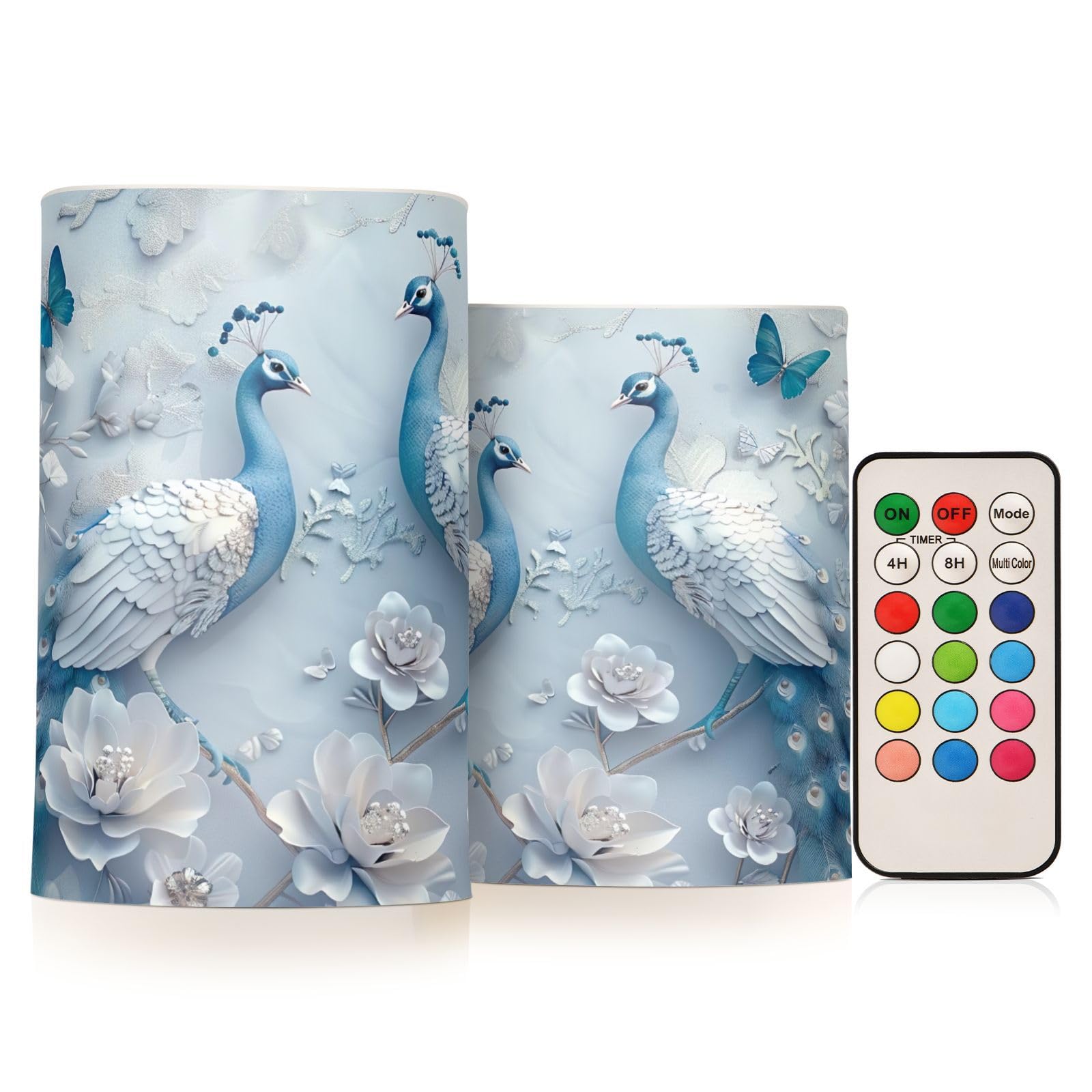 Waassud Blue White Peacock Flameless Candles Battery Operated Candles LED Candles with Remote Control Halloween Decorations Christmas Set of 2