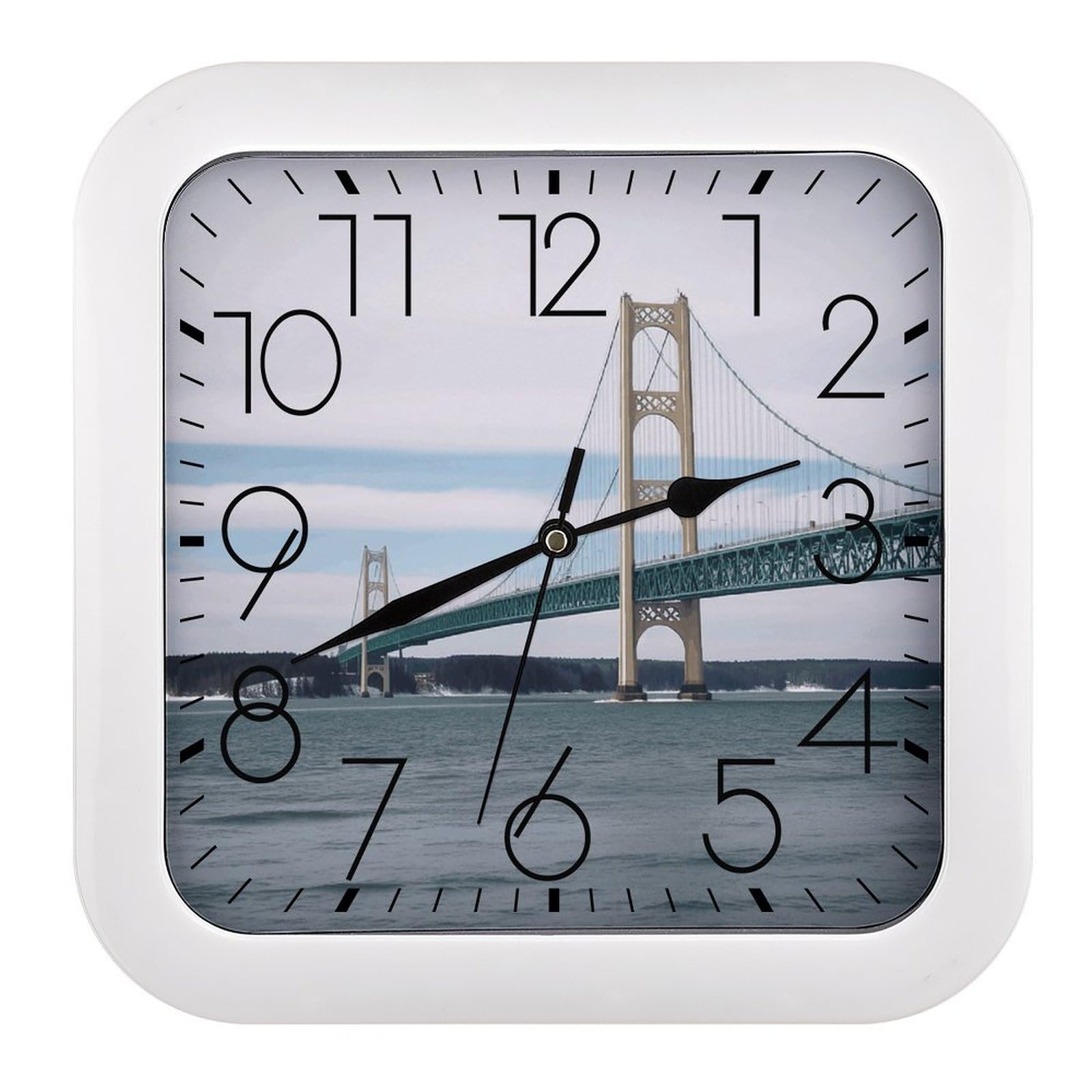 LZQPOEAS Mackinac Suspension Bridge Square Wall Clock, 10.2 Inch Battery Operated Silent Non-Ticking Wall Clock, Square Analog Decorative Clock for Home Wall Art, Living Room, Bedroom, and Office