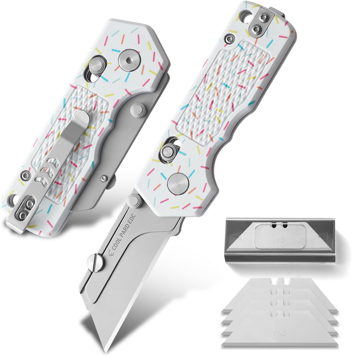 Utility Knife,Folding Box Cutter with Pocket Clip,Quick Change Blade Razor Knife with Rail Lock,Small EDC Knife with 4Pcs Extra Razor Blades,Ideal Gifts for Men Women（Black）