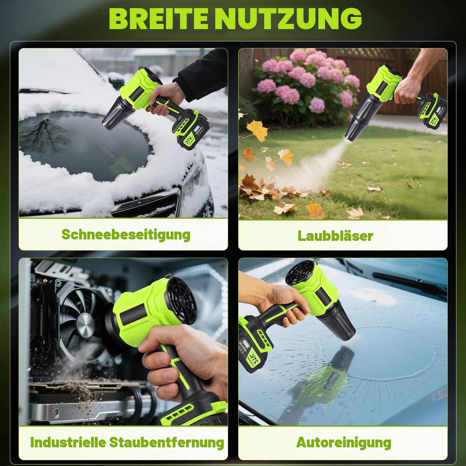 Akku-Laubbläser, Akku-Gebläse Turbo mit 2x4.0Ah Akkus, 800,000 U/Min, 65m/s Luftgeschwindigkeit, Akku Elektro-Laubbläser zum Entfernen von Laub, Staub & Schnee, Limettengelbgrün
