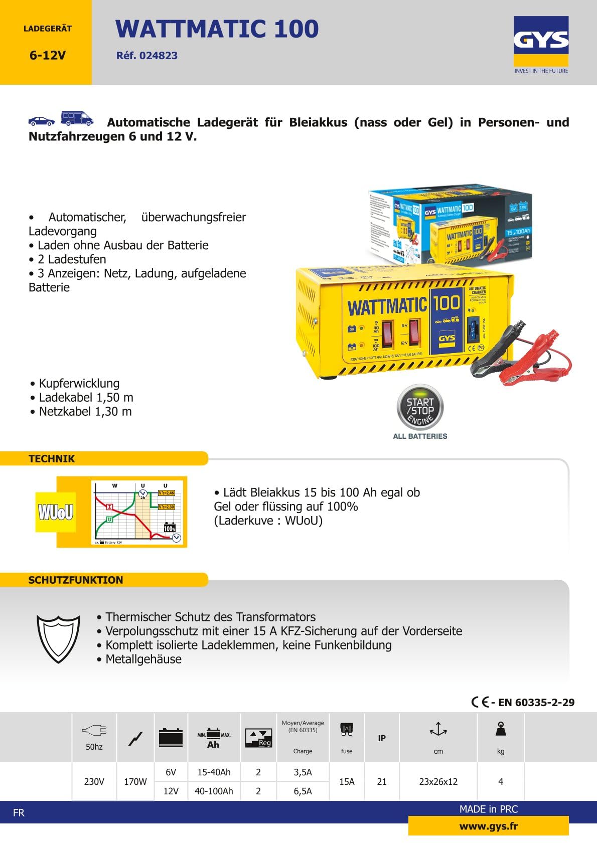 GYS Auto Chargeur de batterie 140W pour Voiture Camions Moto Capacité de batterie À partir de 15Ah Capacité de batterie À partir de 40Ah 024823