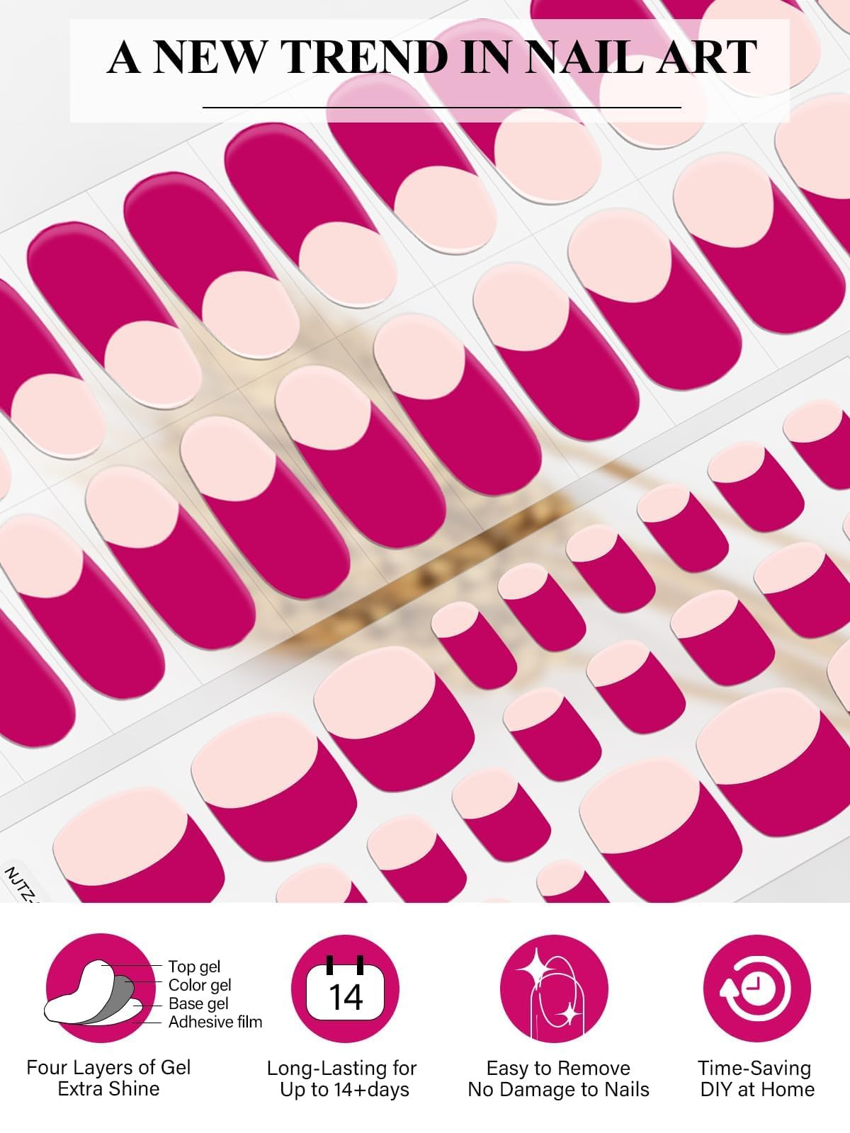 EBANKU Lot de 52 bandelettes de gel semi-durcies pour orteils, ongles de salon de coiffure durables avec lime à ongles et bâton (rouge rose français)