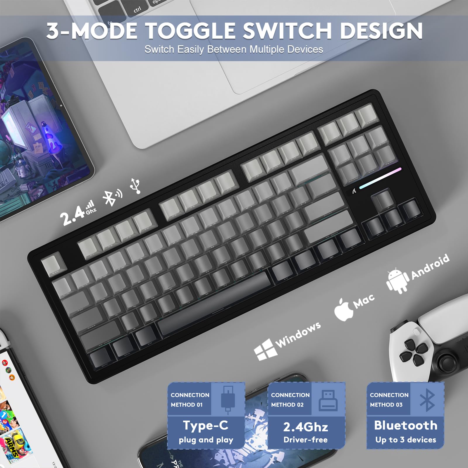 MAMBASNAKEx Attack Shark M87 Teclado mecánico inalámbrico para Juegos TKL, retroiluminación RGB, Compacto, Intercambiable en Caliente, programable por Gasket, USB-C/Bluetooth/2.4 GHz, 4600 mAh, Negro