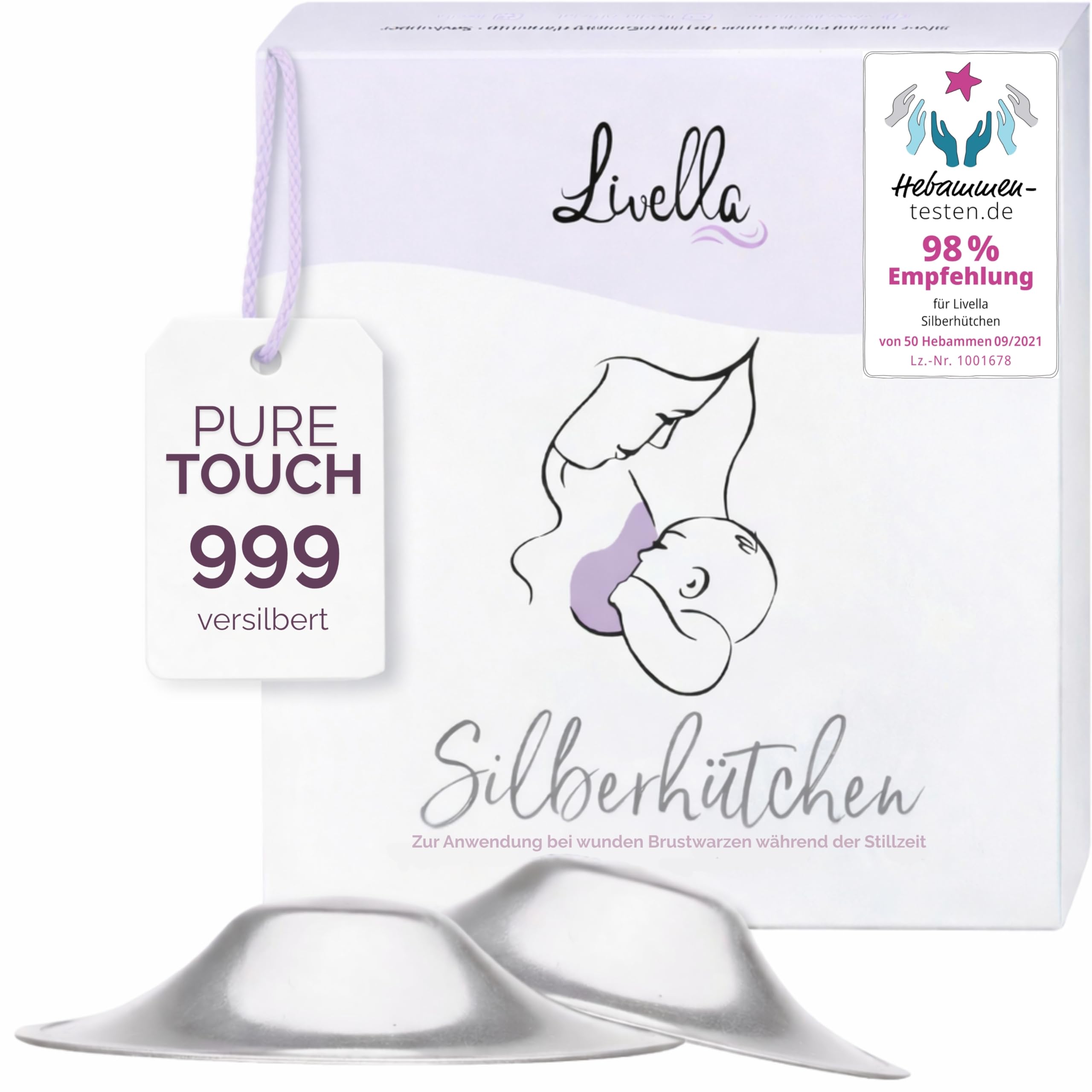 Livella | Silberhütchen aus 999er Silber (versilbert) - Made in Germany - Hilfe bei beanspruchten Brustwarzen - Unterstützt feuchte Regeneration beim Stillen - Wochenbett Stillhütchen für Brustschutz