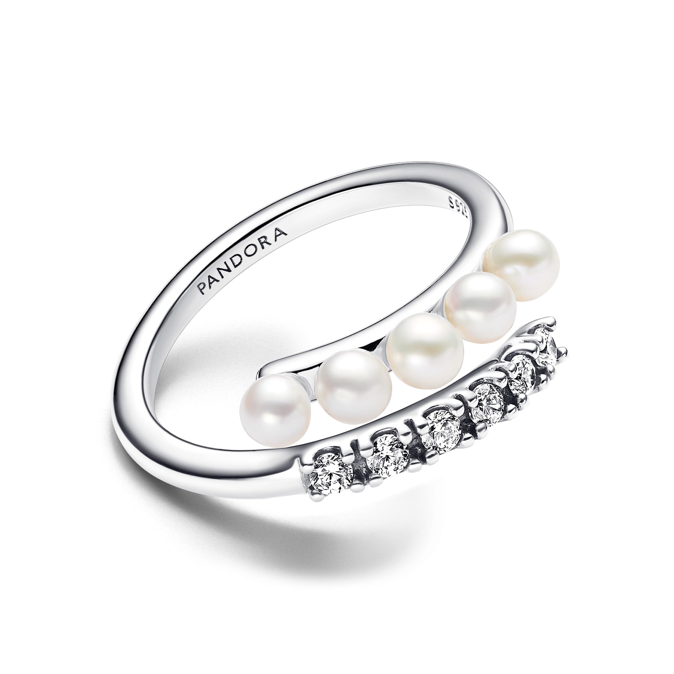 Pandora Timeless Ring, offen, Sterlingsilber, mit weißer, behandelter Süßwasserzuchtperle und klarem Cubic Zirkonia