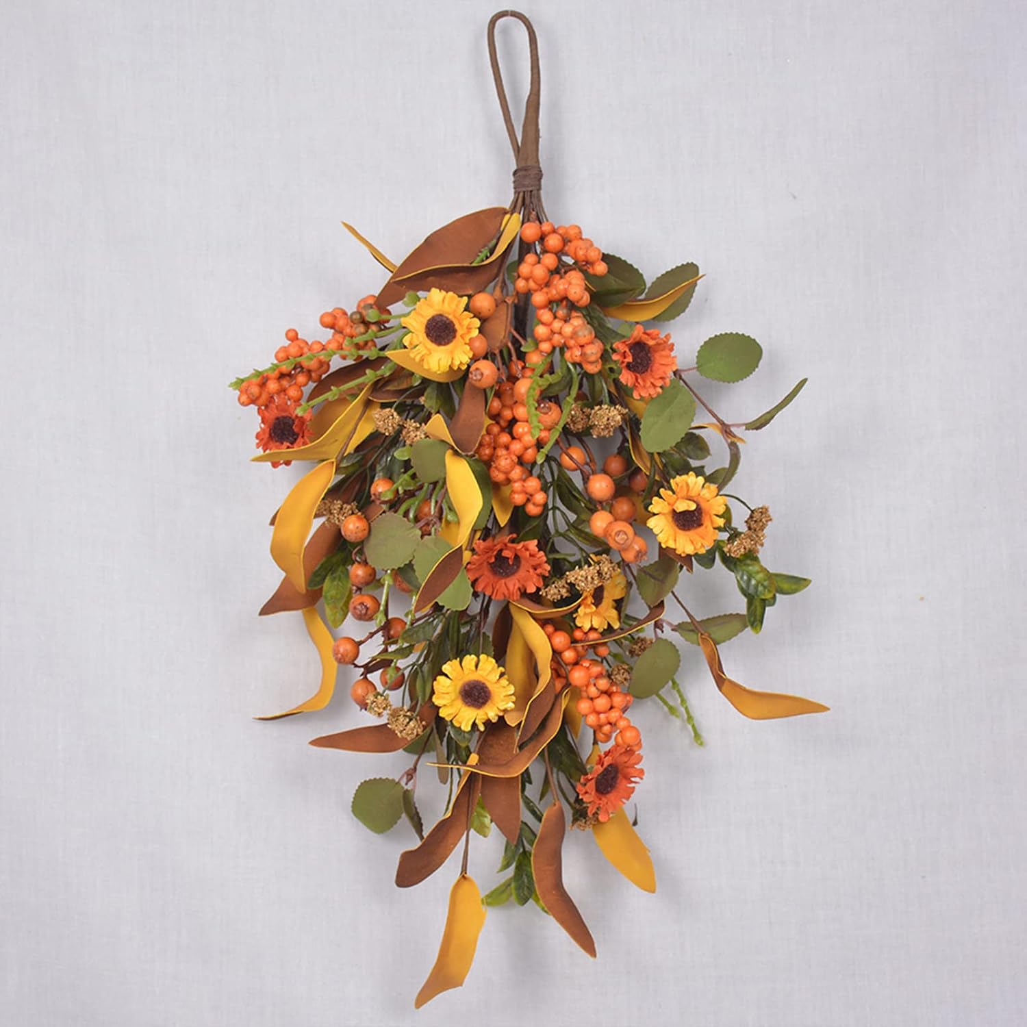 Fall Harvest Teardrop Swag Artificial Fall Swag Thanksgiving Day Teardrop Wreath Hanging Sunflower Berry Swag for Front Door Wall Autumn Outdoor Decor(Sunflower)…