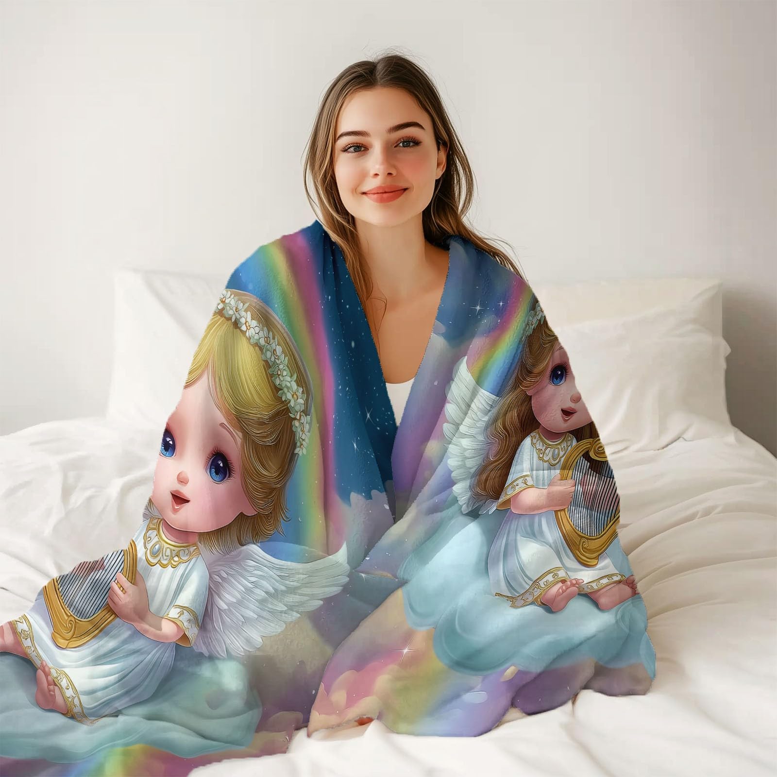 Miękki i przytulny flanelowy koc polarowy 150 x 200 cm - ciepły pluszowy nadruk kreskówka Anioł Chmury Anioł Podróżny koc dekoracyjny niebieski narzuta na sofę i łóżko podróżne