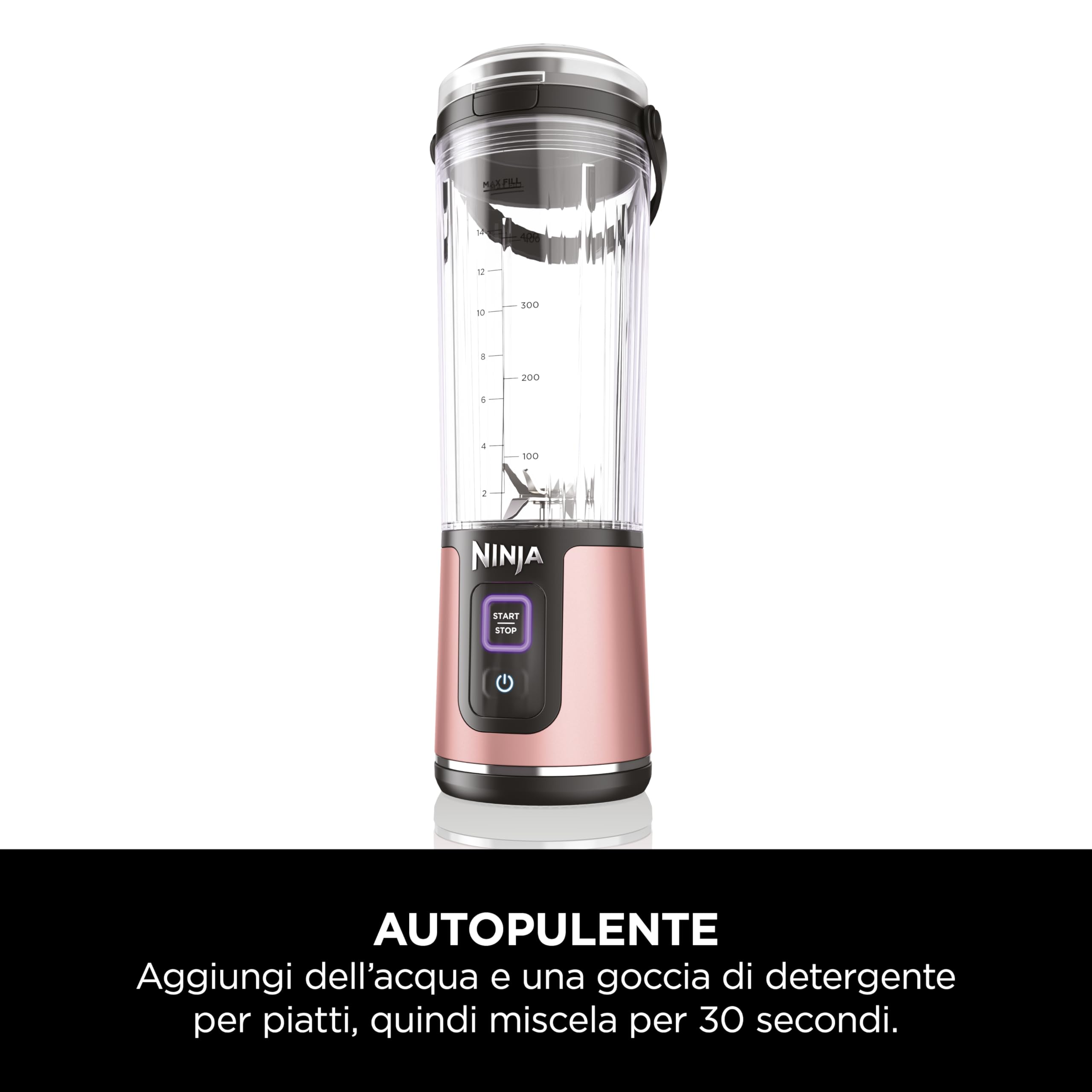 Ninja Blast Frullatore Portatile x2 530 ml, Coperchio Antiperdite e Beccuccio, Senza Filo, Ricaricabile, Frullati Proteici, Frulla Ghiaccio e Frutta congelata, Oro Rosa, Argento Metallico, BC151UKEUGV