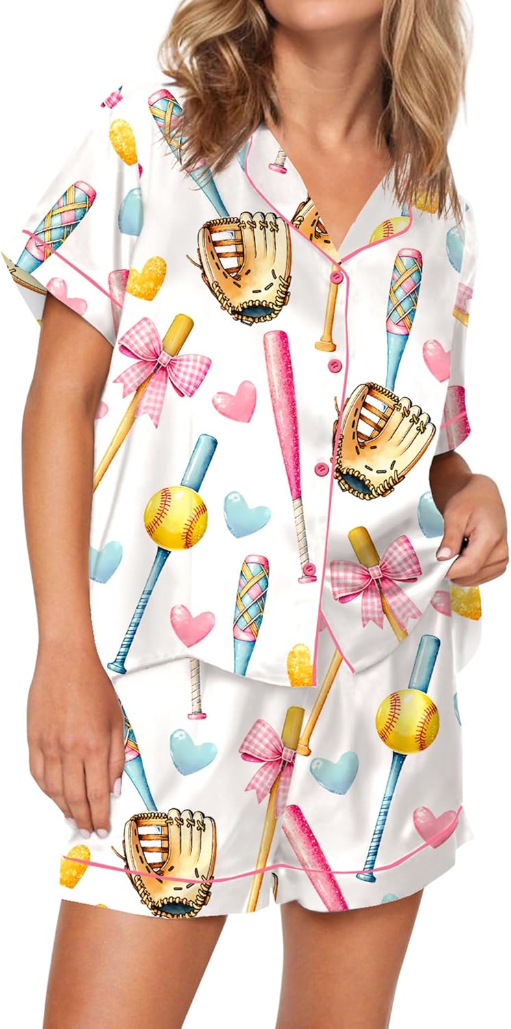 SHESHOW Pajamas for Women Set Satin Button Down Short Sleeve Top and Shorts Pjs Sets Sport Ball Print Sleepwear XS-XXL - Image 2