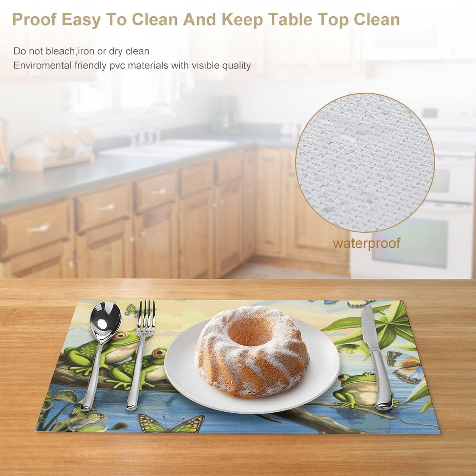 Tischsets aus PVC, Motiv: Viele Frösche singen auf den Zweigen, Sommerschmetterlinge, See, Wasser, waschbar, hitzebeständig, rutschfest, wasserdicht, Platzdeckchen-Set für Innen- und Außenbereich, 6