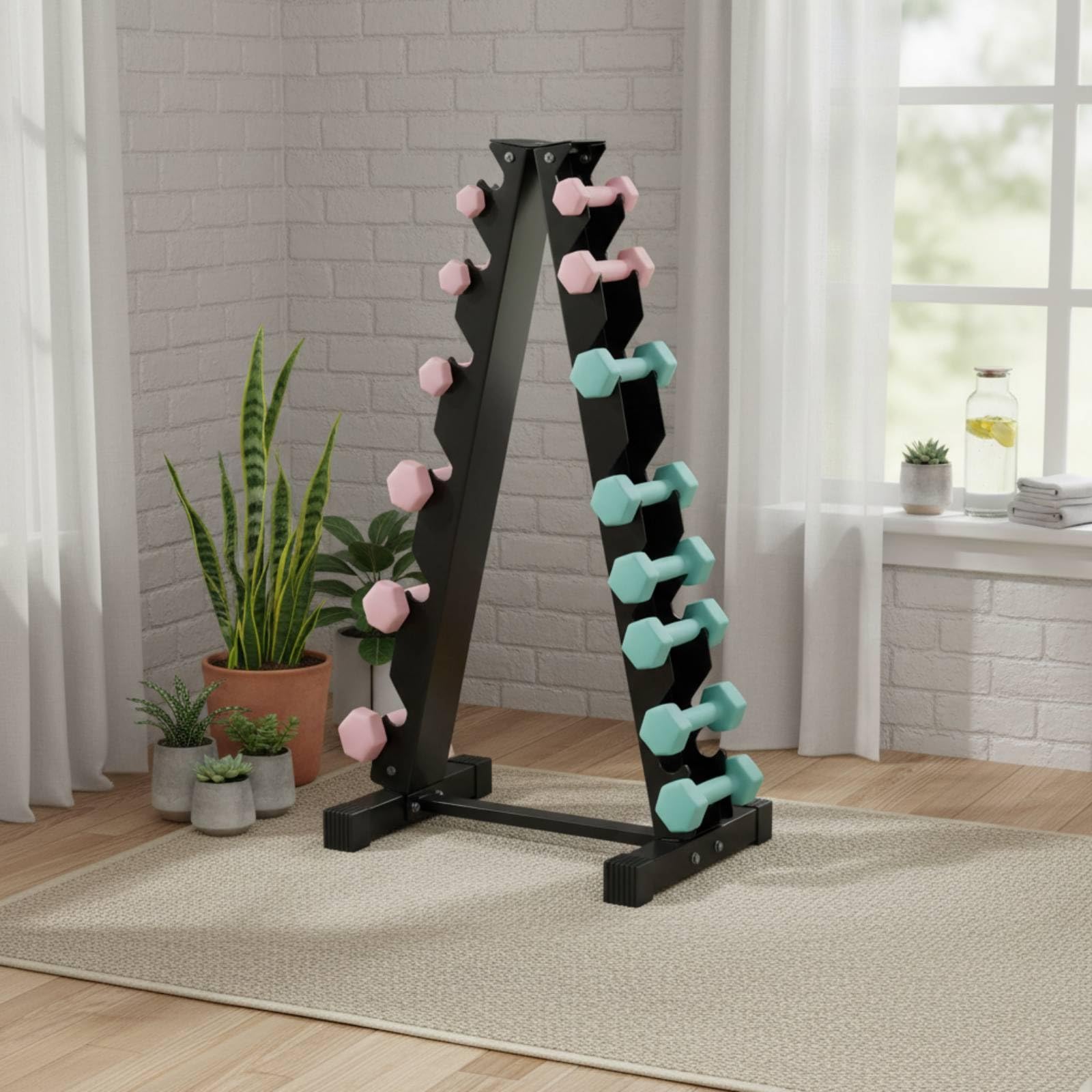 Gralara Soporte para Mancuernas Estantería Pesas Organizador Compacto Rack Hierro 6 Niveles Base Firme Pies Antideslizantes Zona Deporte Adecuado para Gimnasio Doméstico Área de Musculación Garaje