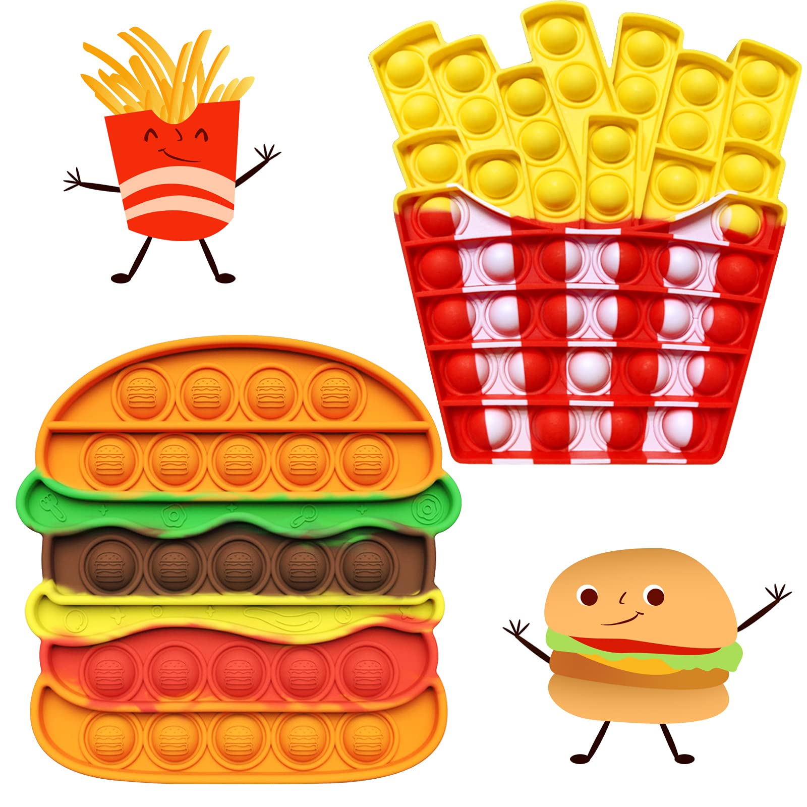 Popping Fidget Toy Pack, Hirsrian 2 Pack of Hamburger & Fries shapes Popper Toys Push and Pop Soft Squeeze Toys Stress Relief and Anti-anxiety Toys for Autism Anxiety, ADHD, OCD Adults and Kids
