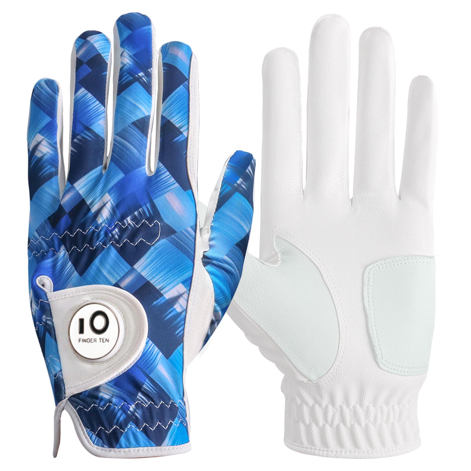 FINGER TEN Golf Gloves Men Left Hand Right with Ball Marker Cabretta Leather Weathersof Value Pack,Mens Golf Glove Fashion Pattern Wear Resistant (Navy
