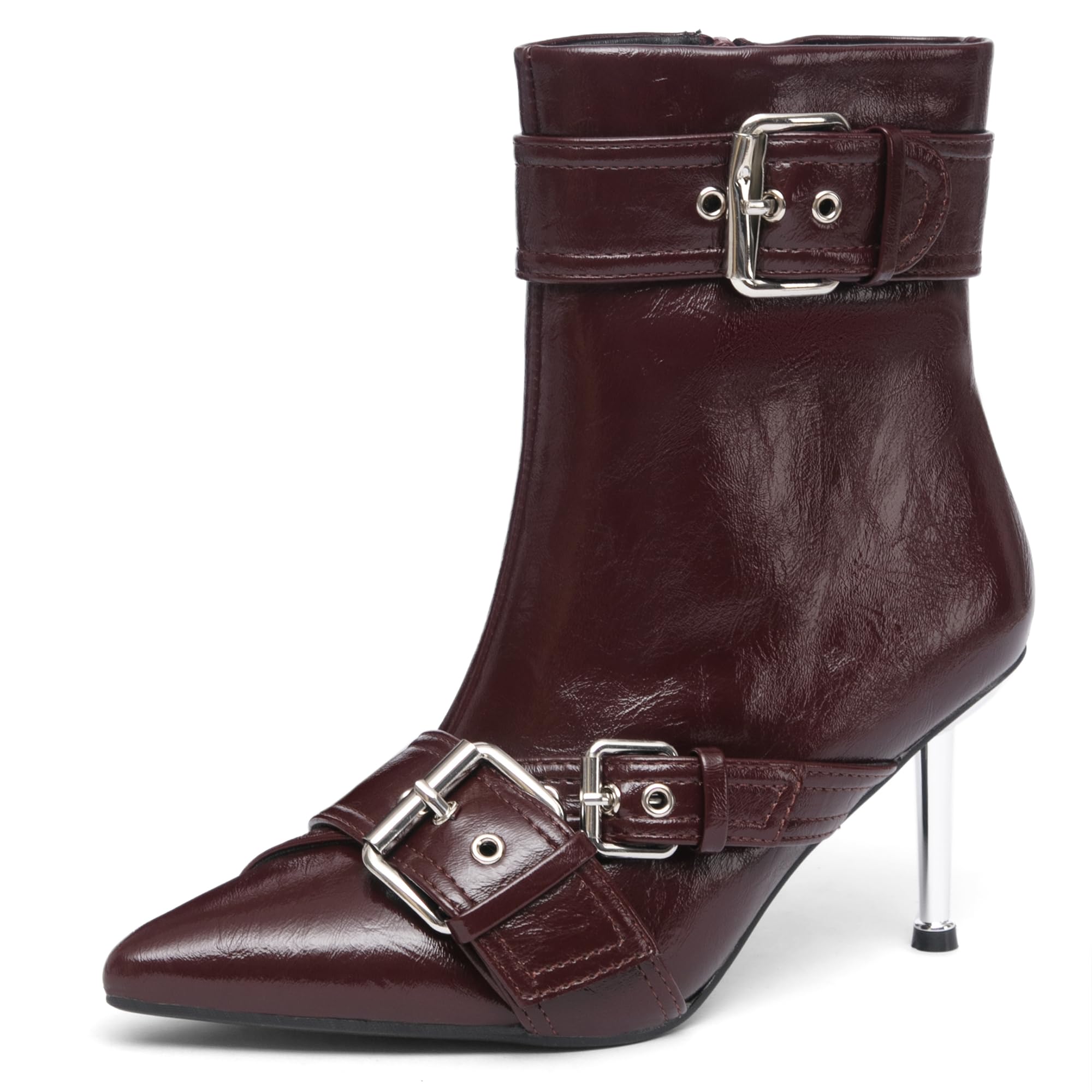 NEWBELLA Womens Faux Leather Ankle Boots - Fashion Stiletto Heel Short Boots with Metal Buckle Decoration Edgy Chic