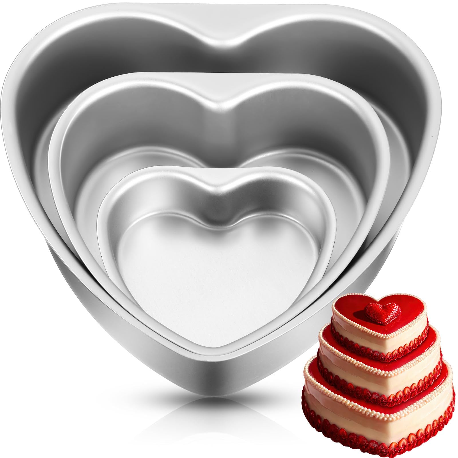 Mifoci 3 Stück herzförmige Kuchenformen, Aluminium-Kuchenformen, Herz-Kuchenform zum Backen, DIY für Küche, Hochzeit, Party, Valentinstag (Silber, 10,2 cm, 15,2 cm, 20,3 cm)
