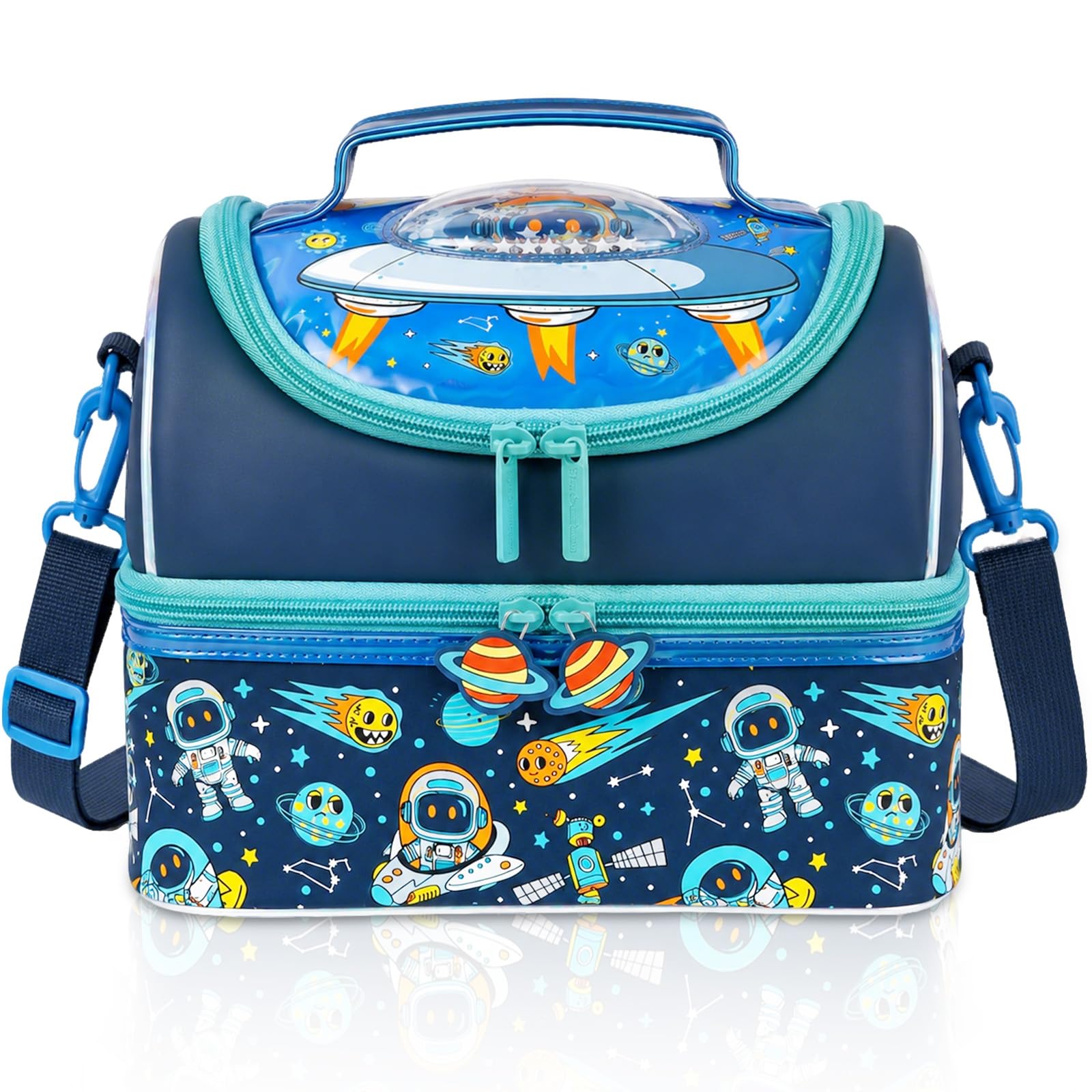 PinkSheep Kids Double Decker Cooler Insulated Lunch Bag Large Tote for Boys, Girls, Men, Women, with Adjustable Strap, Unicorn (Spaceship)