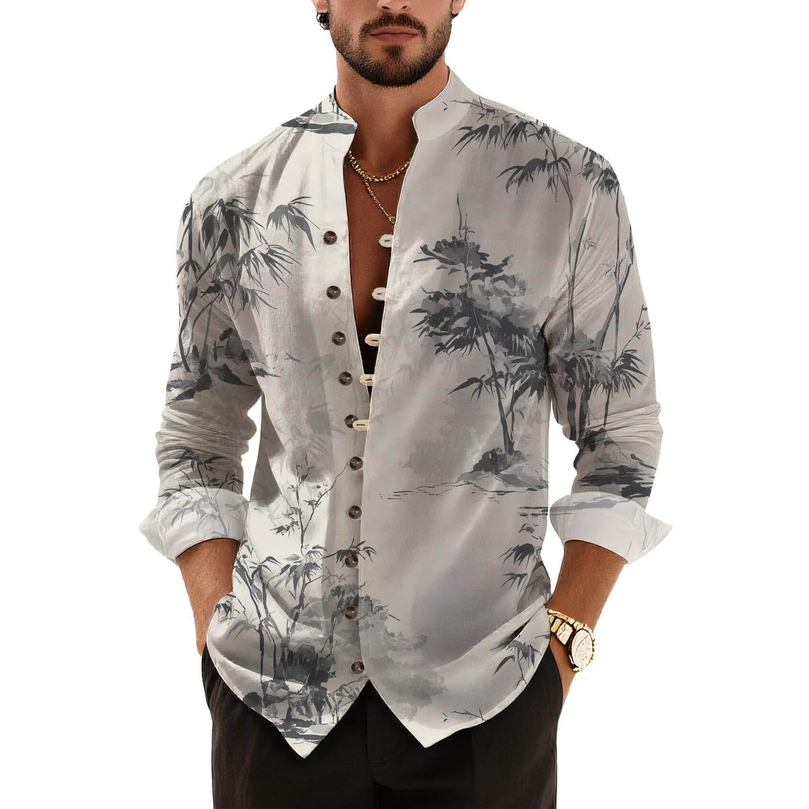 Band Collar Shirt Men Ink Wash Print Long Sleeve Button Down V Neck Shirts Fall Fashion Casual Loose Fit Dress Shirts