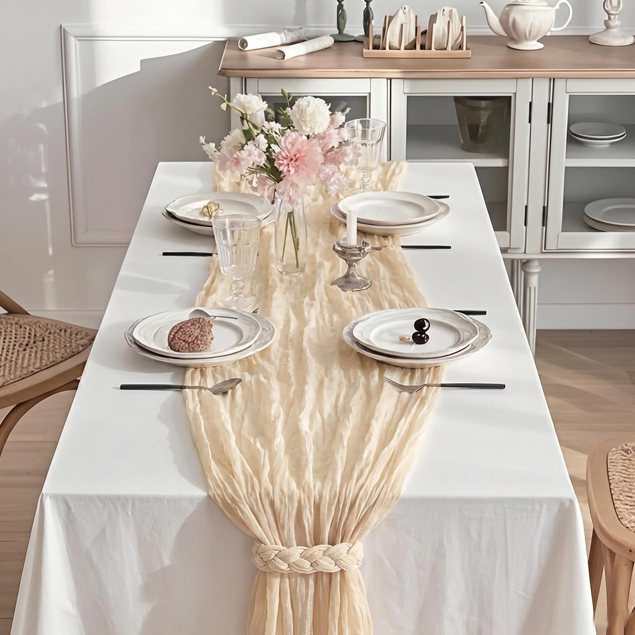 Cheesecloth Table Runners Creamy White, 2 Pcs Gauze Fabric Crinkled Boho Tablecloth, Sheer Table Runner for Wedding Banquet Party Birthday Summer Home Decor​(90cmX300cm, Creamy White)
